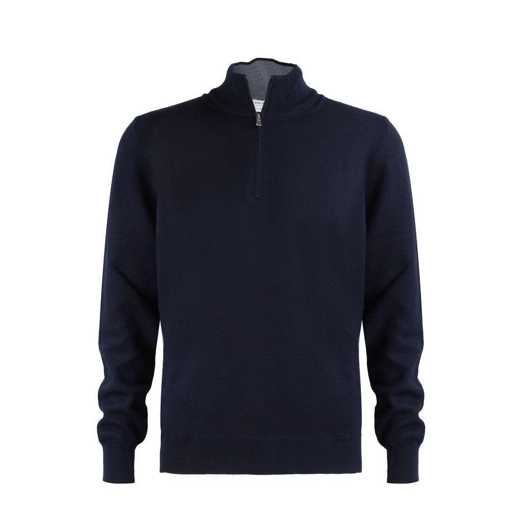 Premium GRAN SASSO Extra Fine Merino Wool Mock Neck Zip-Up Sweater for Men - Navy Blue | Warm & Soft Winter Pullover for Casual Wear & Outdoor Activities
