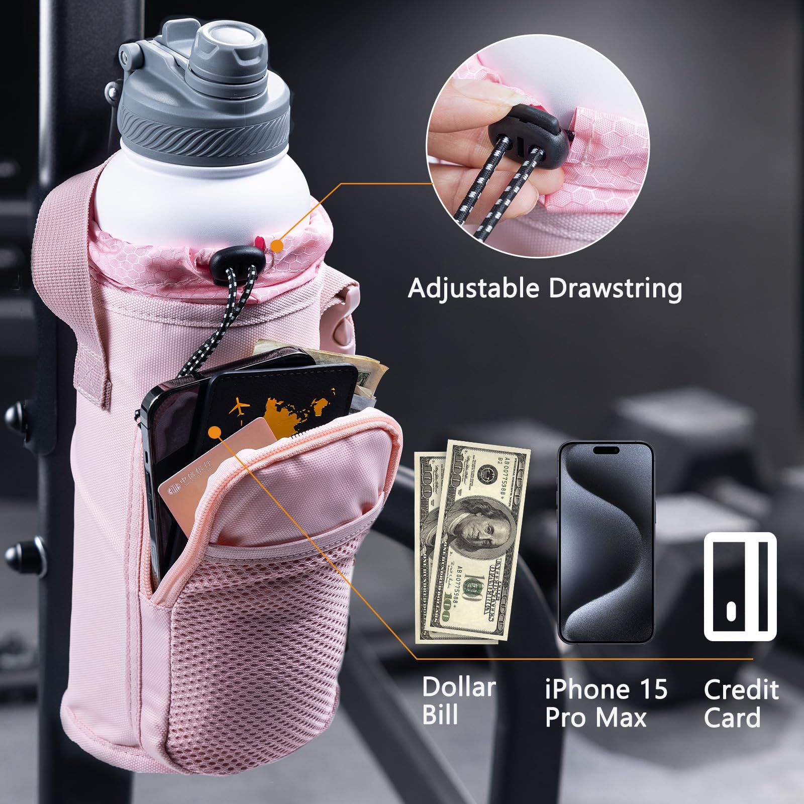 Magnetic Gym Bottle Holder with Phone Pocket - Adjustable Water Bottle Sling Bag for Running, Hiking & Workout - Hands-Free Essentials for Fitness Enthusiasts