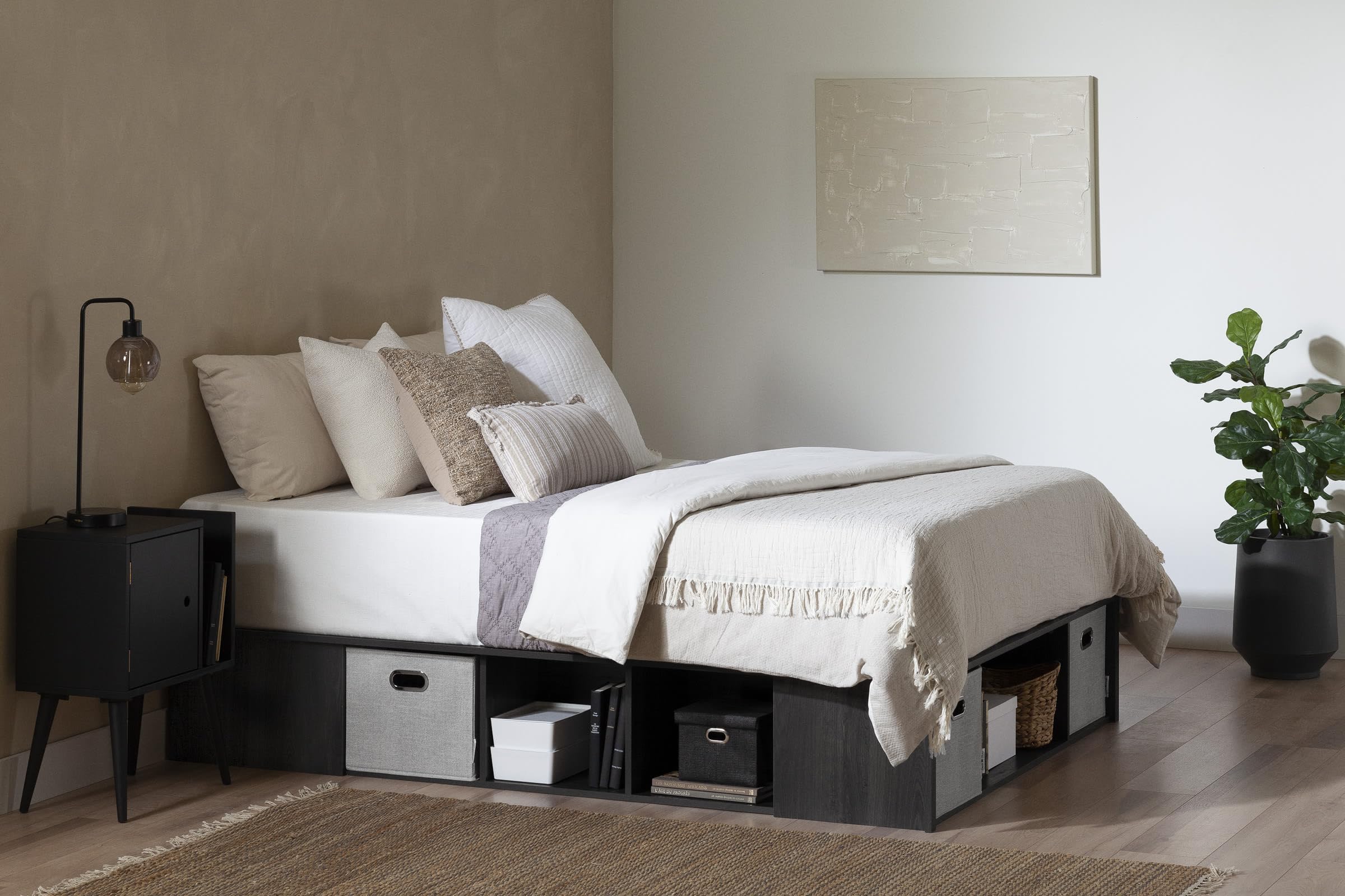 Gray Oak Queen Platform Bed with Storage Baskets for Small Spaces