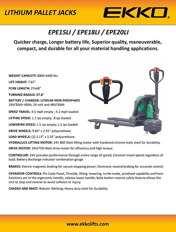 Ekko EPE18LI 4000 lb Capacity Lithium Iron Phosphate Pallet Jack - Heavy Duty Electric Forklift for Warehouse, Logistics & Industrial Material Handling