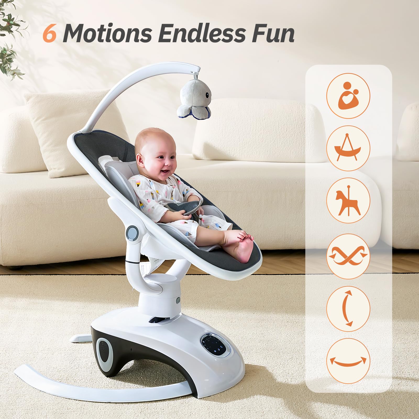 Electric Baby Swing for Infants 6 Motion Automatic Newborn Rocker with Remote Control - 5 Speed Adjustable, 13 Soothing Melodies, Dark Gray - Perfect for Nursery, Daycare & Travel Use