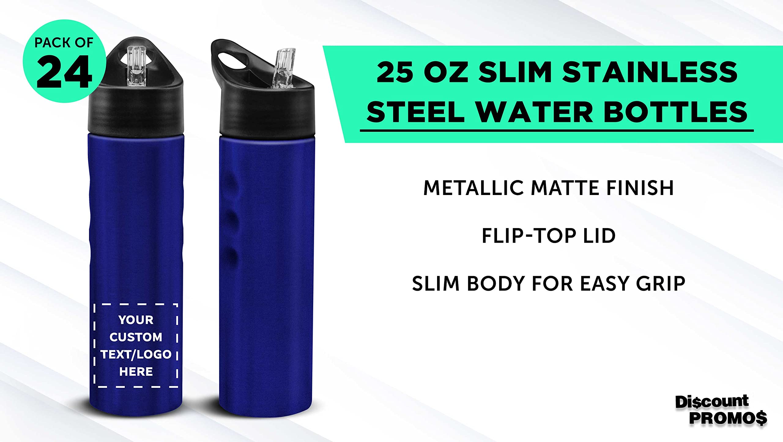 Custom Slim Stainless Steel Water Bottles 25oz - 24 Pack Bulk with Personalized Text & Logo - Reusable Gym & Sports Bottle - Eco-Friendly Blue Water Bottles for Workouts, Hiking, Office & School Hydration
