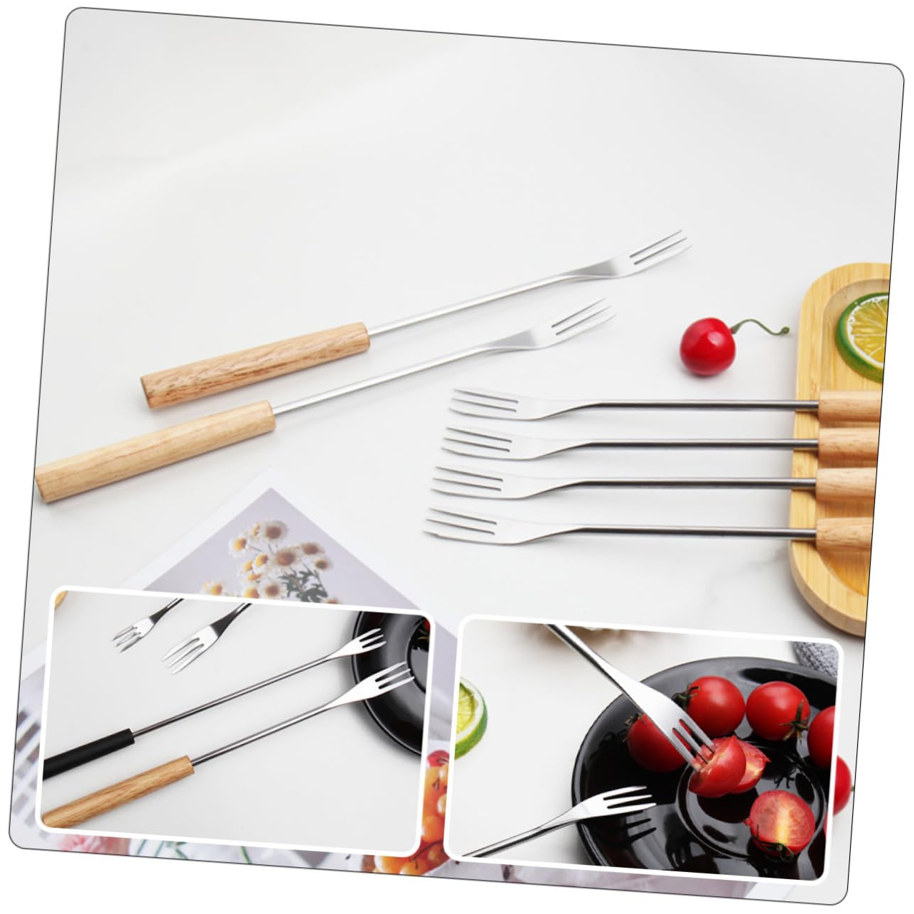 PRETYZOOM 24-Piece Stainless Steel Chocolate Fondue Forks Set with Wooden Handles - Perfect for Cheese, Fruit, Marshmallows & Dessert Dipping - Ideal for Parties, Weddings & Home Entertaining