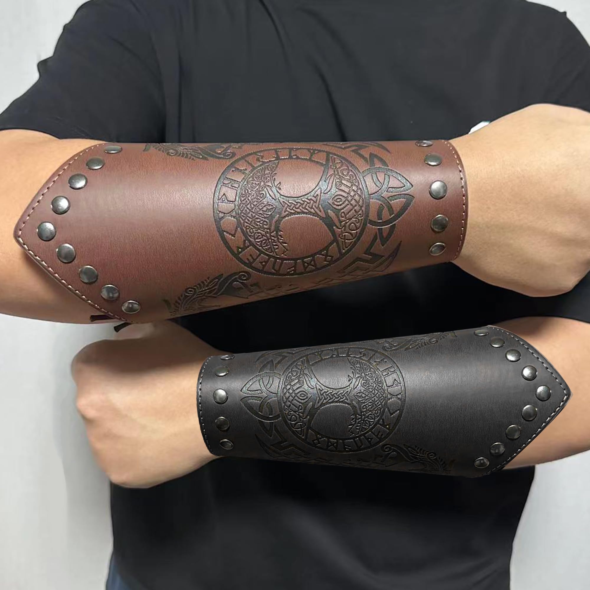 JAOYU Medieval Leather Bracer Set - 2PCS Viking Arm Guards, LARP Wrist Armor & Cosplay Accessories for Renaissance Faires, SCA Events & Historical Reenactments