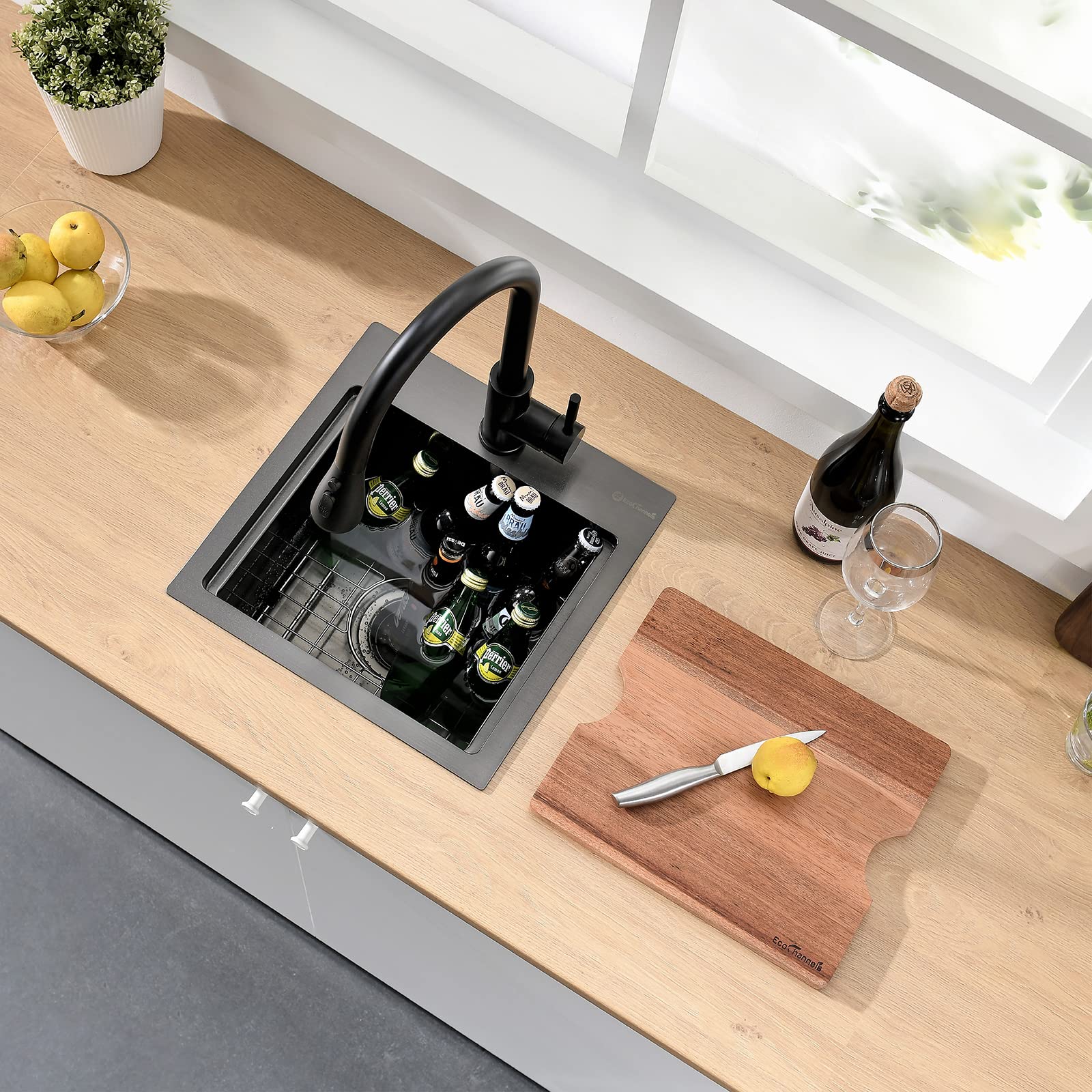 15 x 15 x 10 Inch Gunmetal Black Drop-in Kitchen Sink - 16 Gauge Stainless Steel Small Bar Prep Sink with Cutting Board | Perfect for Compact Kitchens, RV Bars & Food Preparation Stations