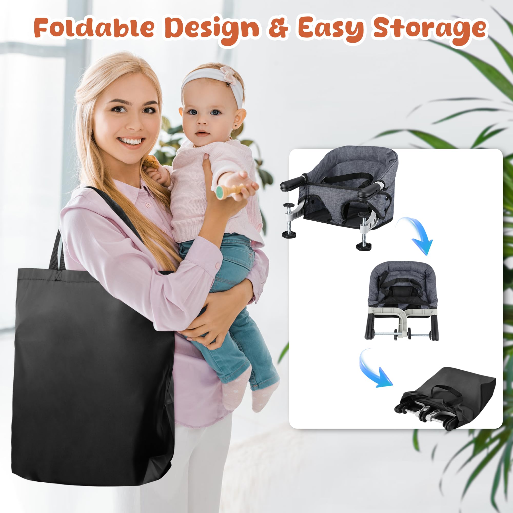 Jozzve Portable Hook On High Chair for Baby - Foldable Travel High Chair with Storage Bag, Clip On Baby Feeding Seat for Home & Dining Out (Grey) | Perfect for Restaurants, Picnics & Small Spaces