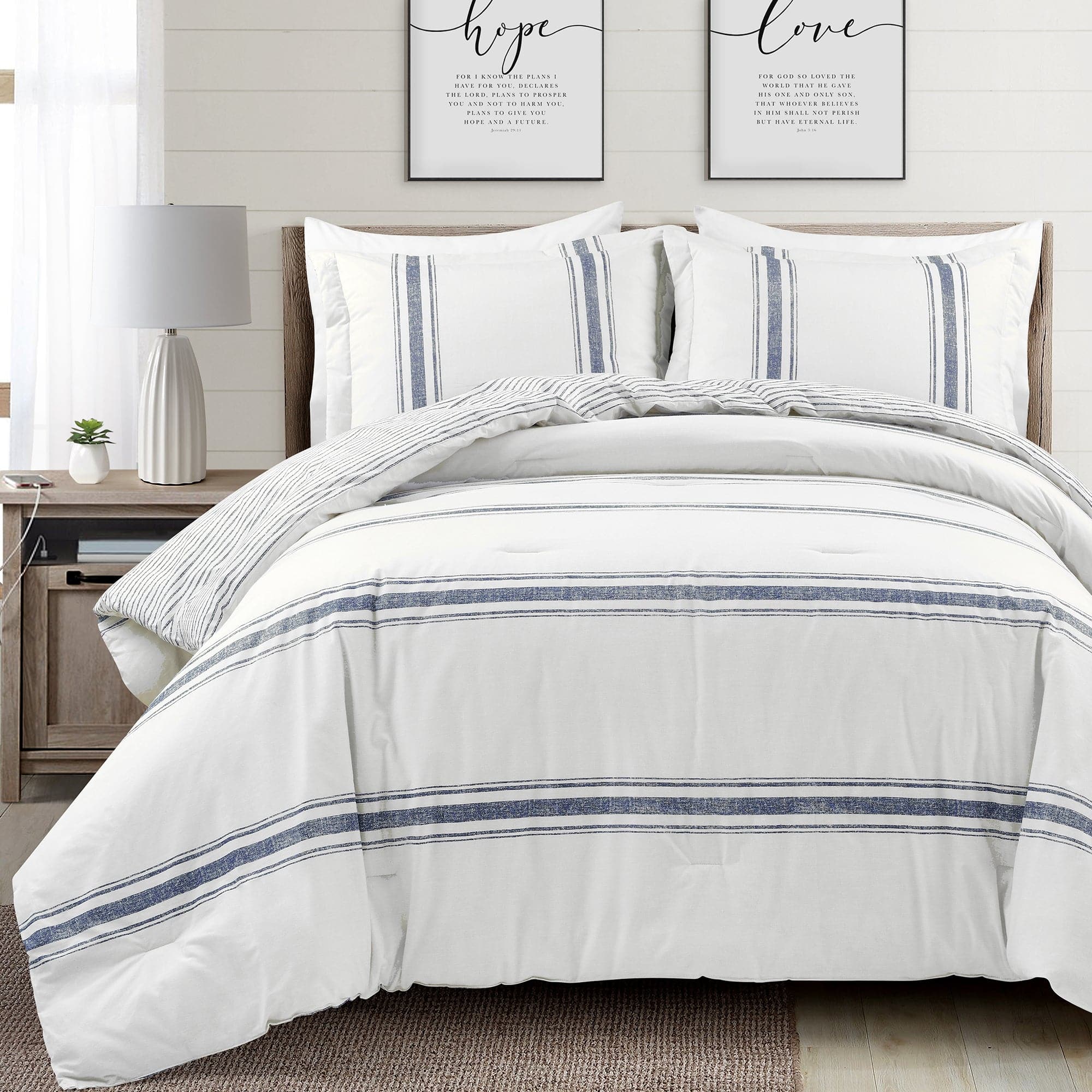 Farmhouse Stripe Reversible Comforter Set - Queen Size, Soft Breathable Cotton Bedding - Perfect for Cozy Bedroom Decor & Guest Room Styling