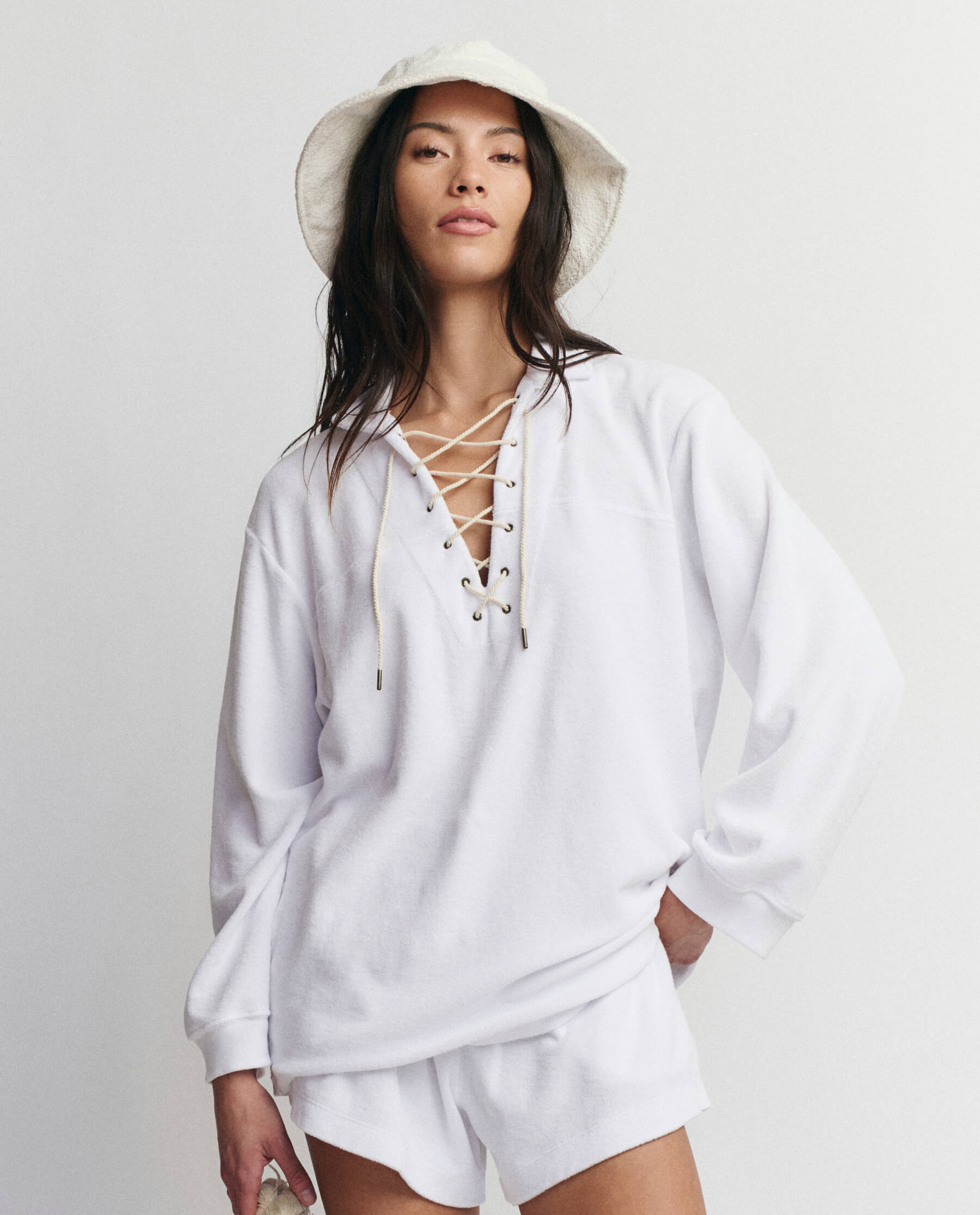 Micro Terry Lace Up Tunic in True White - Stylish Summer Cover-Up for Beach & Casual Outings