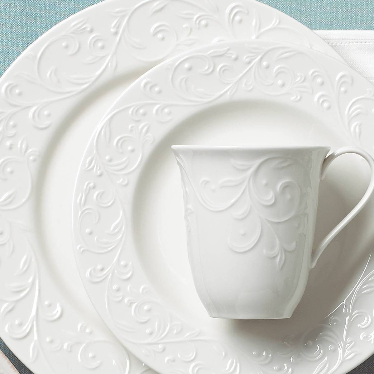 Opal Innocence Carved 4-Piece Dinnerware Set - Elegant Stoneware Plates & Bowls for Formal Dining & Special Occasions