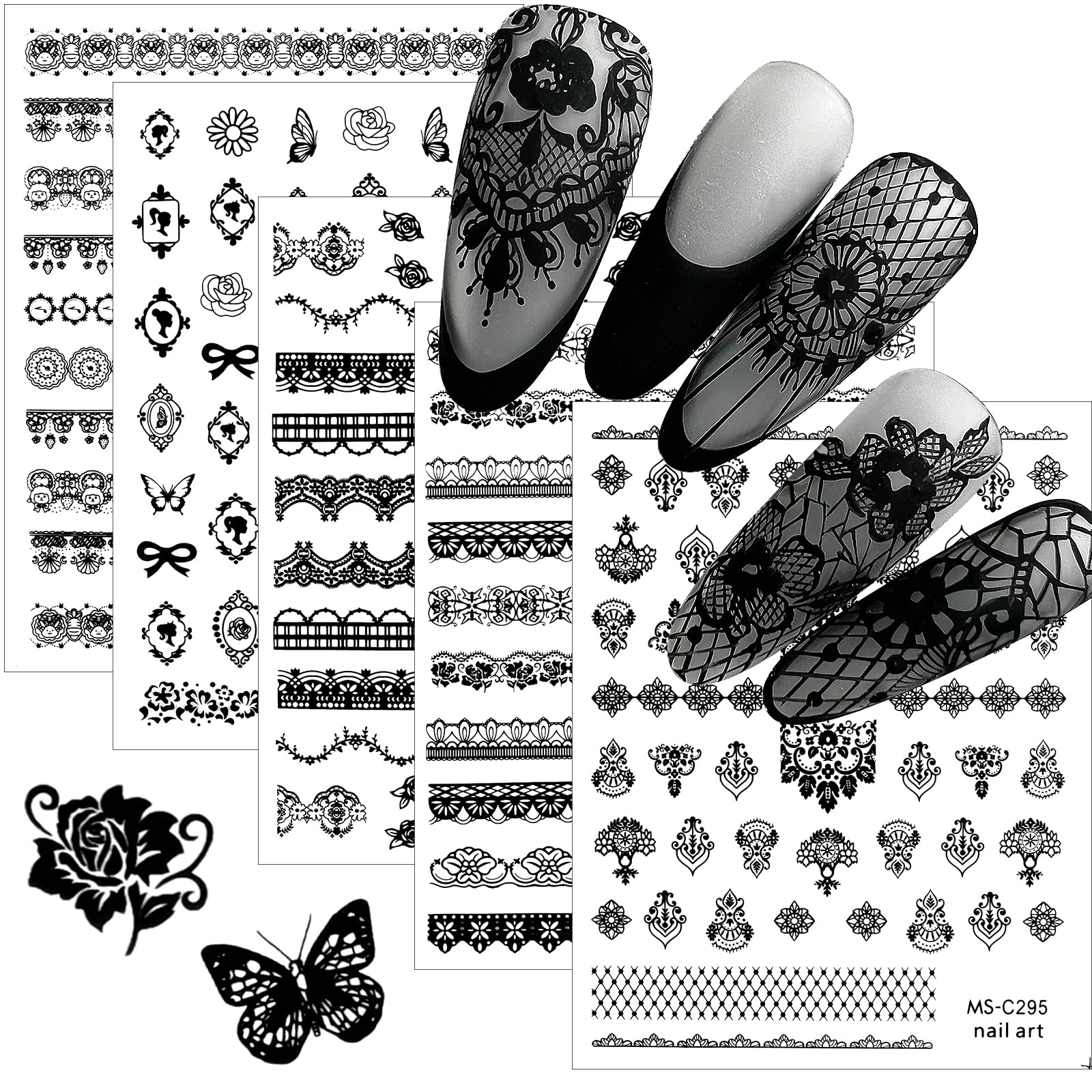EBANKU 9 Sheets Black Lace Flower 3D Nail Art Stickers - Self-Adhesive Nail Decals for Women & Girls DIY Manicure - Perfect for Parties, Weddings, and Special Occasions