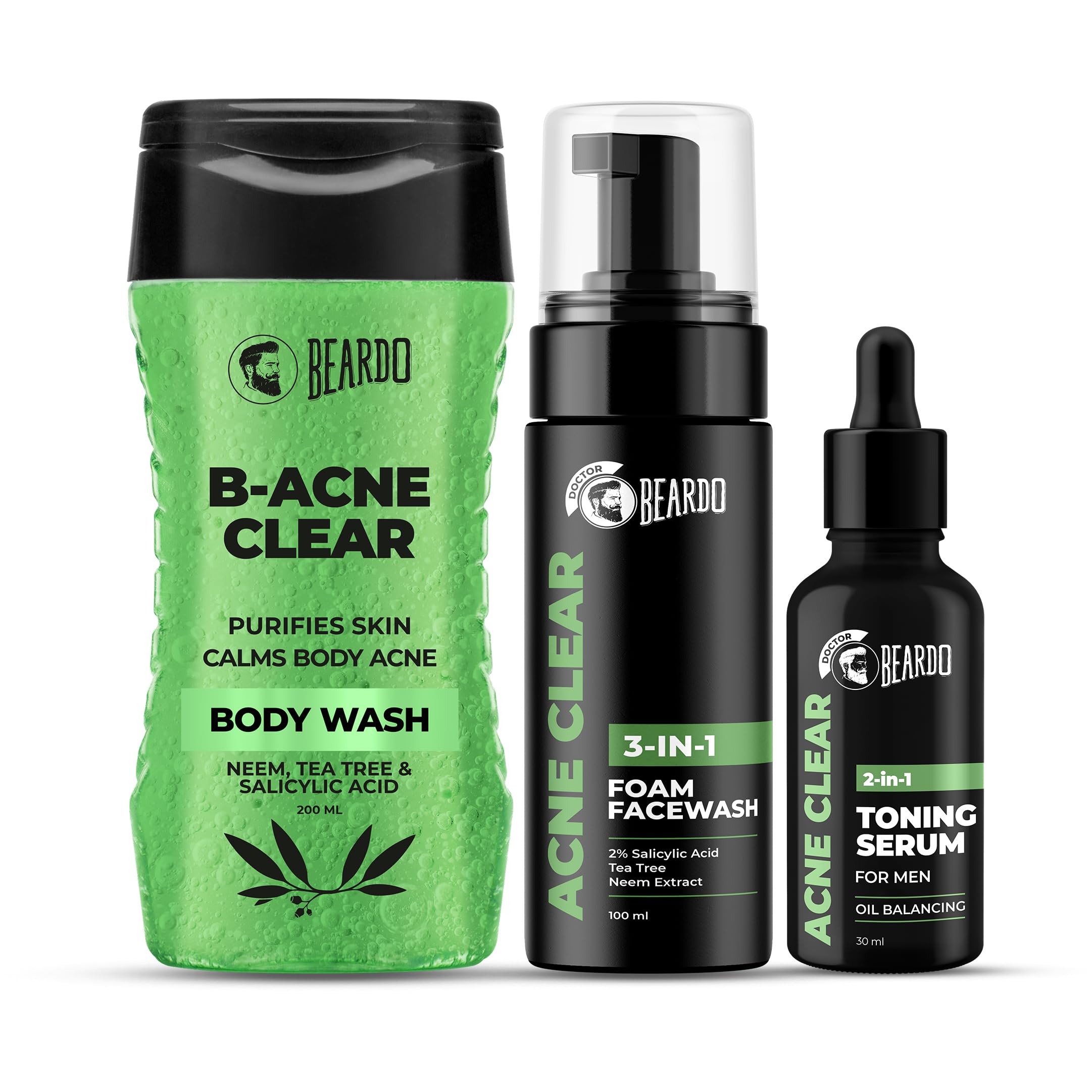 BEARDO Acne Clear Body Wash 200ml, Foam Face Wash 100ml & 2-in-1 Toning Serum 30ml - 3-Piece Skincare Set for Acne-Prone Skin - Perfect for Daily Face & Body Cleansing Routine