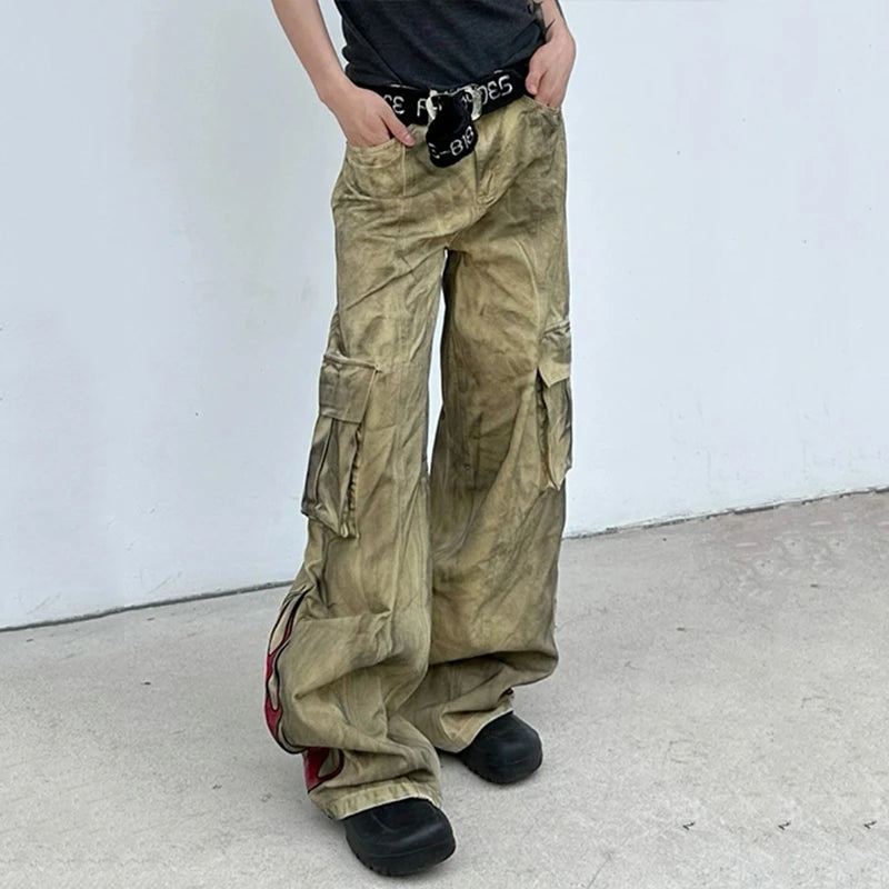 American Style Men's Distressed Denim Jeans with Flame Print & Large Pockets - Straight Leg Overalls for Summer Fashion | Casual Wear, Street Style, Outdoor Activities
