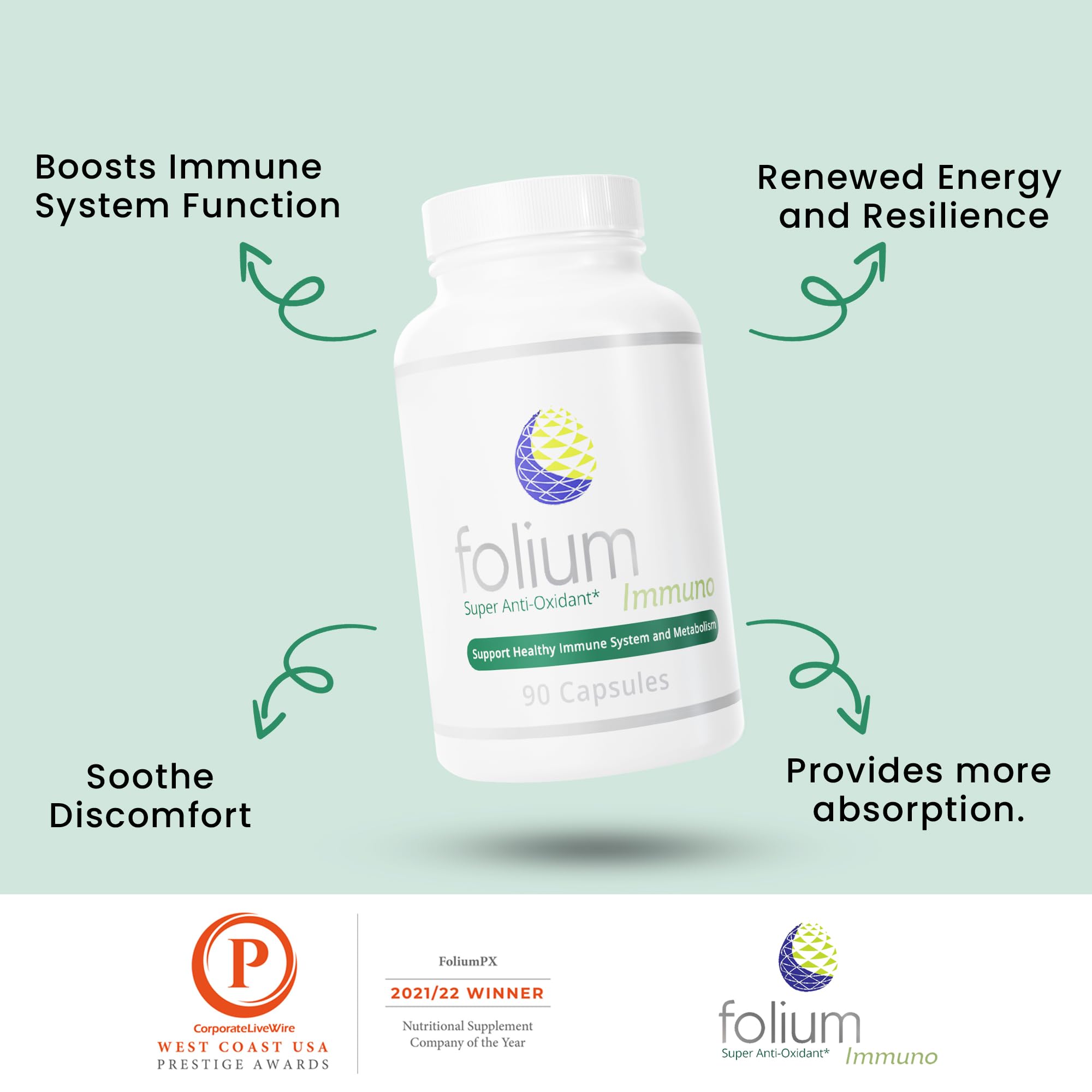 Folium Immuno Inflammatory Supplement with Pine Bark, Grape Seed, Ginger, Turmeric, Green Tea, White Pepper & Pomegranate Extracts - Natural Immune Support for Daily Wellness & Inflammation Relief