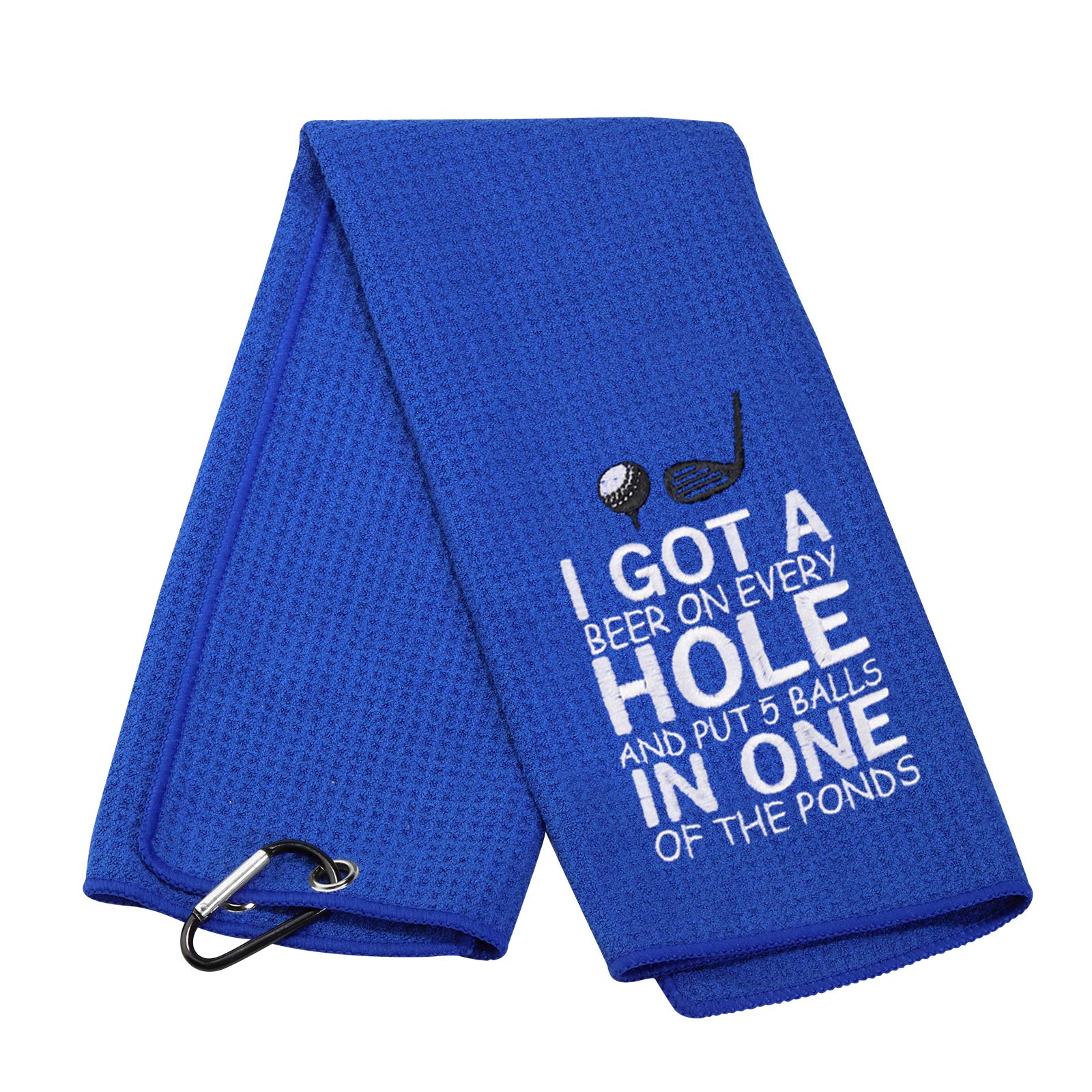 PXTIDY Embroidered Funny Golf Towel for Men - 'I Got A Beer On Every Hole' Design with Clip - Perfect Gift for Golf & Beer Lovers (Blue) | Great for Golf Courses, Driving Ranges & Sports Events