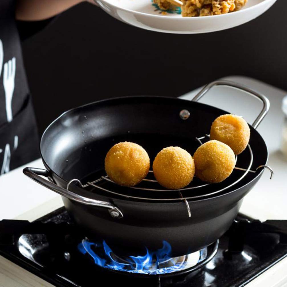 Carbon Steel Deep Fryer Pan with Drainer Rack - Portable Tempura Frying Pot for Home & Restaurant Use - Perfect for Fried Chicken, Donuts & Vegetables
