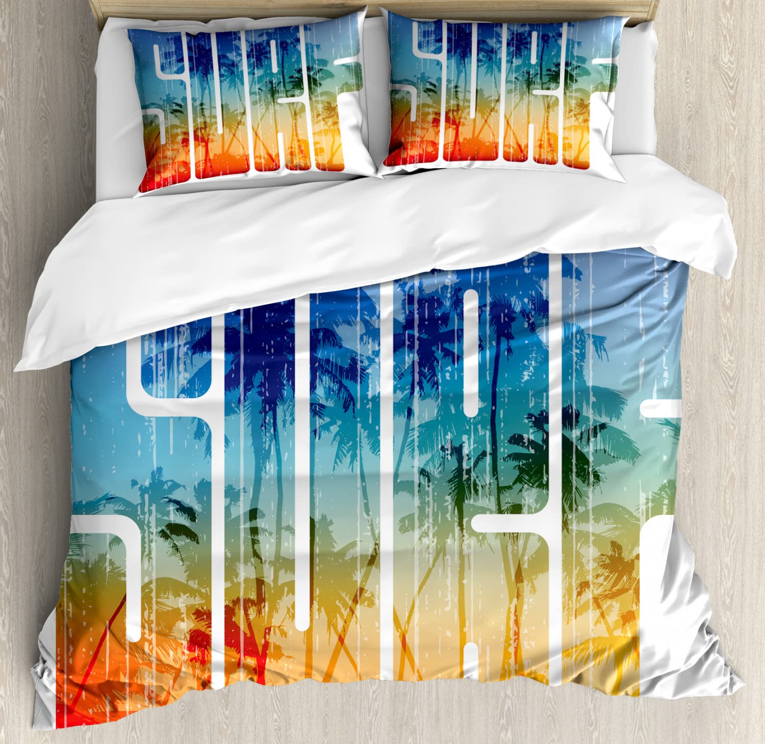 Ambesonne Surf Duvet Cover Set - Retro Coastal Palm Tree & Extreme Sports Design, 2-Pack Queen Size Bedding with 2 Duvet Covers & 4 Pillowcases, Navy & Orange - Perfect for Beach House, Summer Bedroom Decor & Surf Enthusiasts