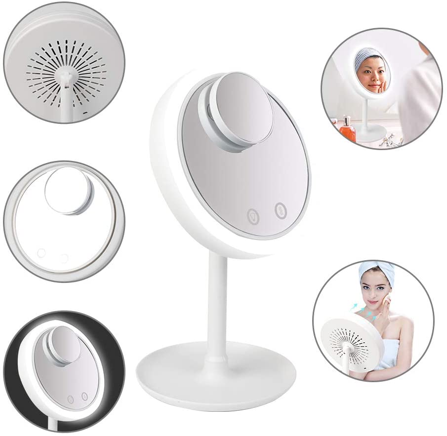 Cool Aire Mirror – Portable 3-in-1 USB Rechargeable LED Light Desktop Round Makeup Mirror with Fan | Perfect for Home, Office & Travel Vanity