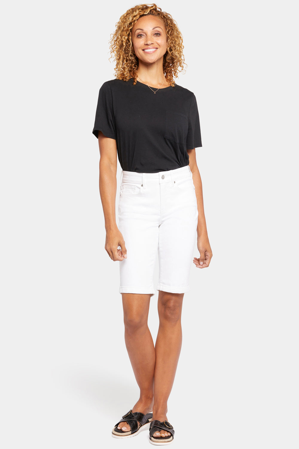 Briella Women's 10 Inch Denim Shorts - Petite Size High Waisted Distressed Denim Shorts in Optic White | Perfect for Summer, Beach, and Casual Outfits
