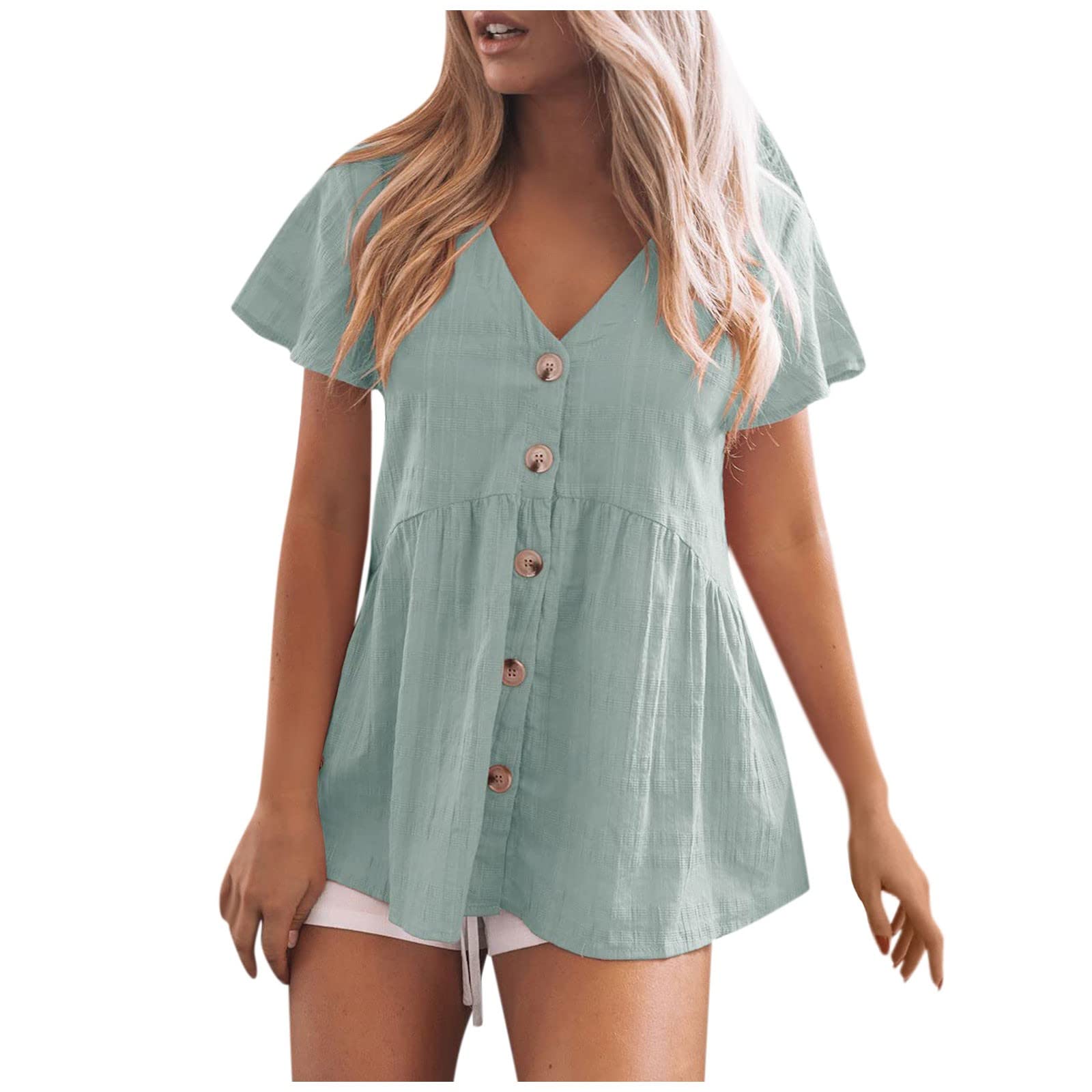 Women's Casual Cotton Linen Short Sleeve Shirt - Solid Color Y2K Style Cute Tops for Summer, Beach, and Going Out | Trendy Tube Top for Women's Fashion
