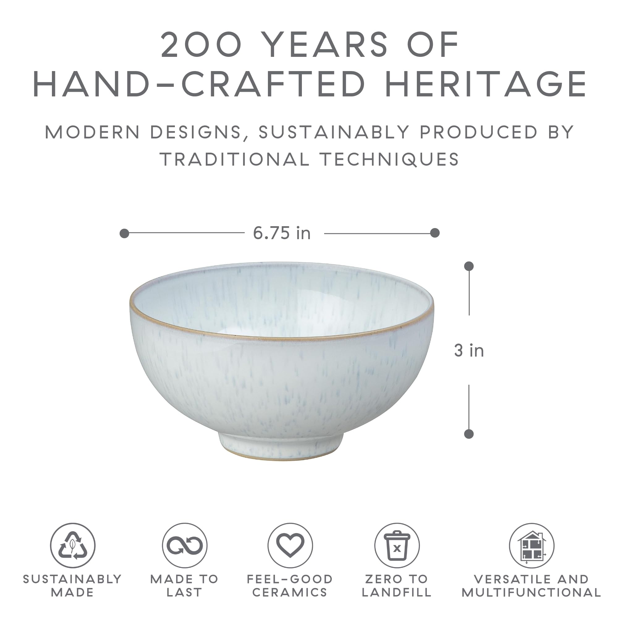 Denby White Speckle Rice Bowls Set of 6 - 16.2oz Ceramic Stoneware Bowls | Microwave & Dishwasher Safe | Chip & Scratch Resistant | Reactive White Glaze | Perfect for Oats, Cereal, Noodles, Soups & Asian Cuisine | Elegant Tableware for Everyday Meals & Dinner Parties