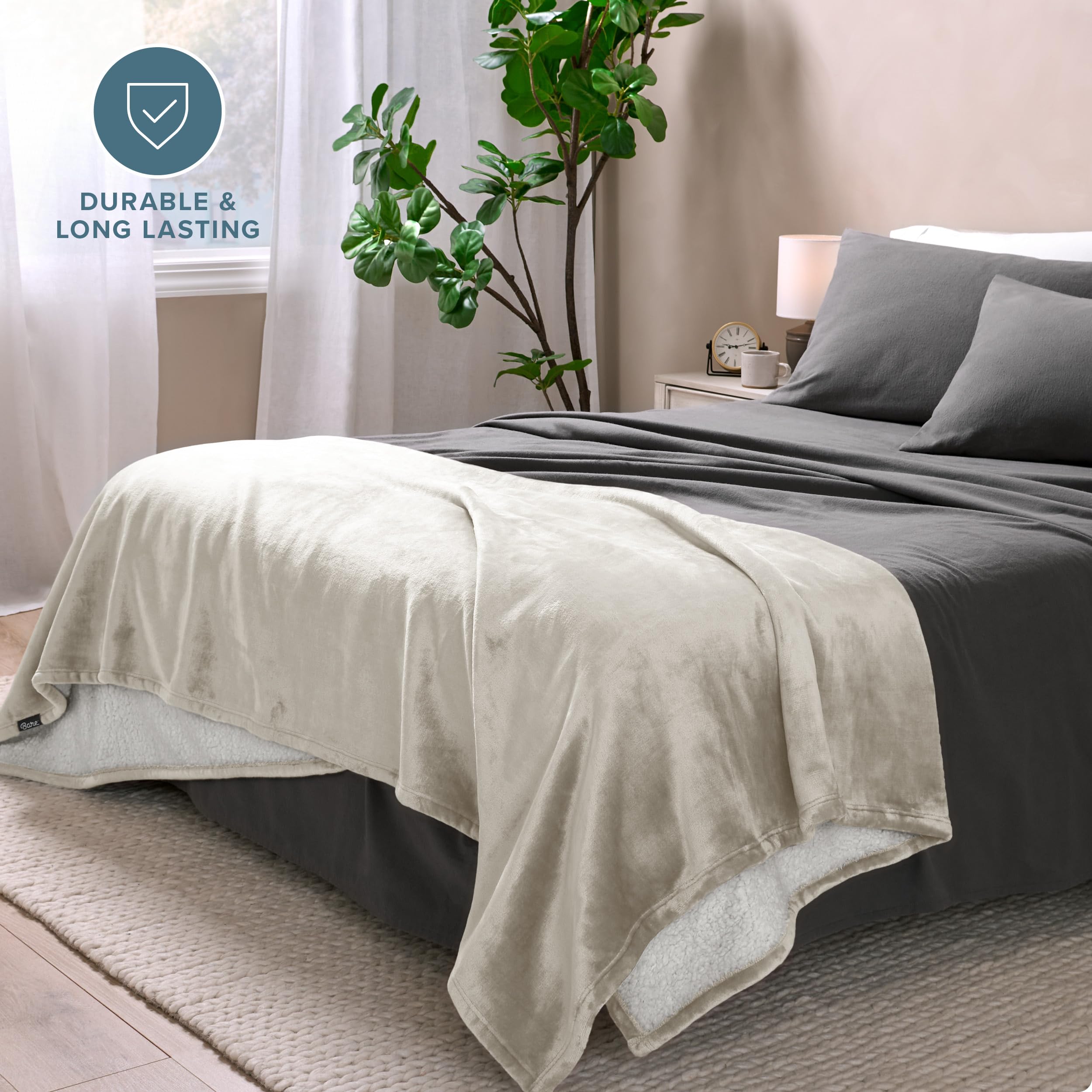 Bare Home Sherpa Fleece Blanket - King Size - Ultra Soft & Warm Reversible Plush Throw for Bed, Sofa, Couch - Perfect for Camping, Travel, Home Decor & Gift Giving - Cozy & Lightweight (King, Oyster)