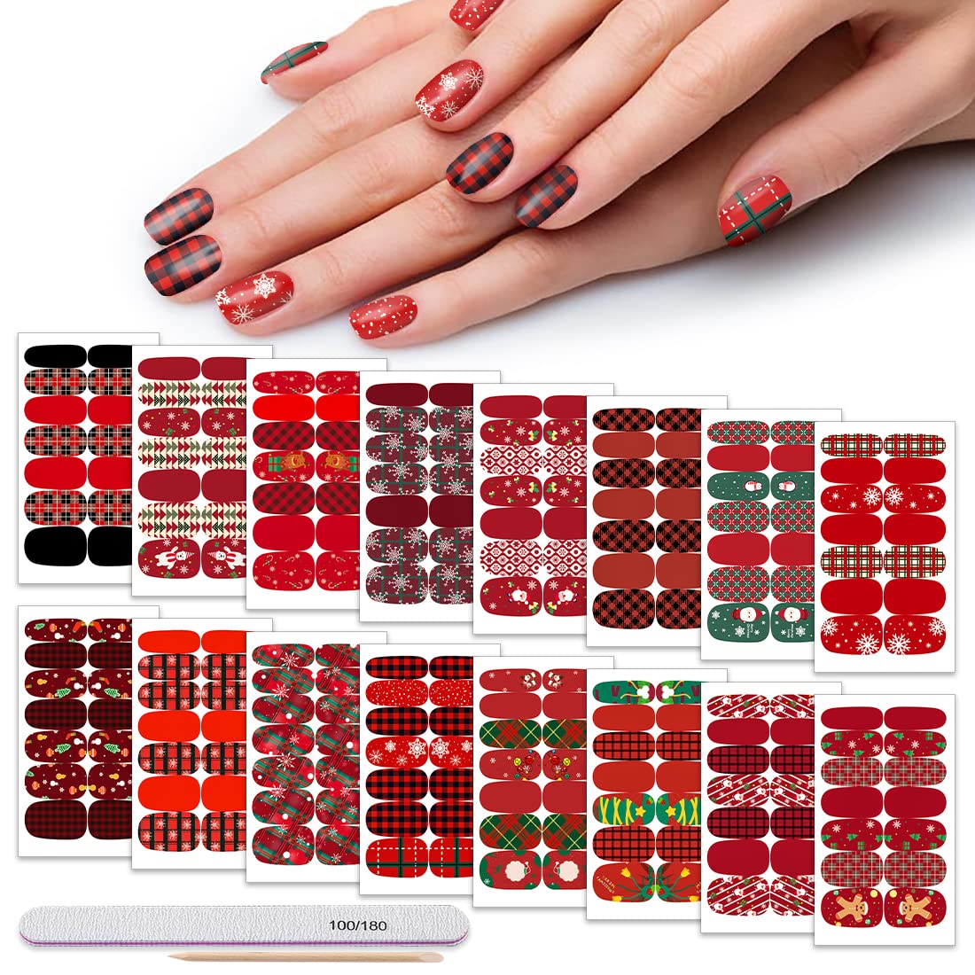 DANNEASY 224-Piece Christmas Nail Stickers Kit - 16 Sheets Holiday Nail Polish Strips with Nail File & Cuticle Stick | Festive Nail Art Wraps for Women (Red Series) - Perfect for Holiday Parties, Gifts & DIY Manicures