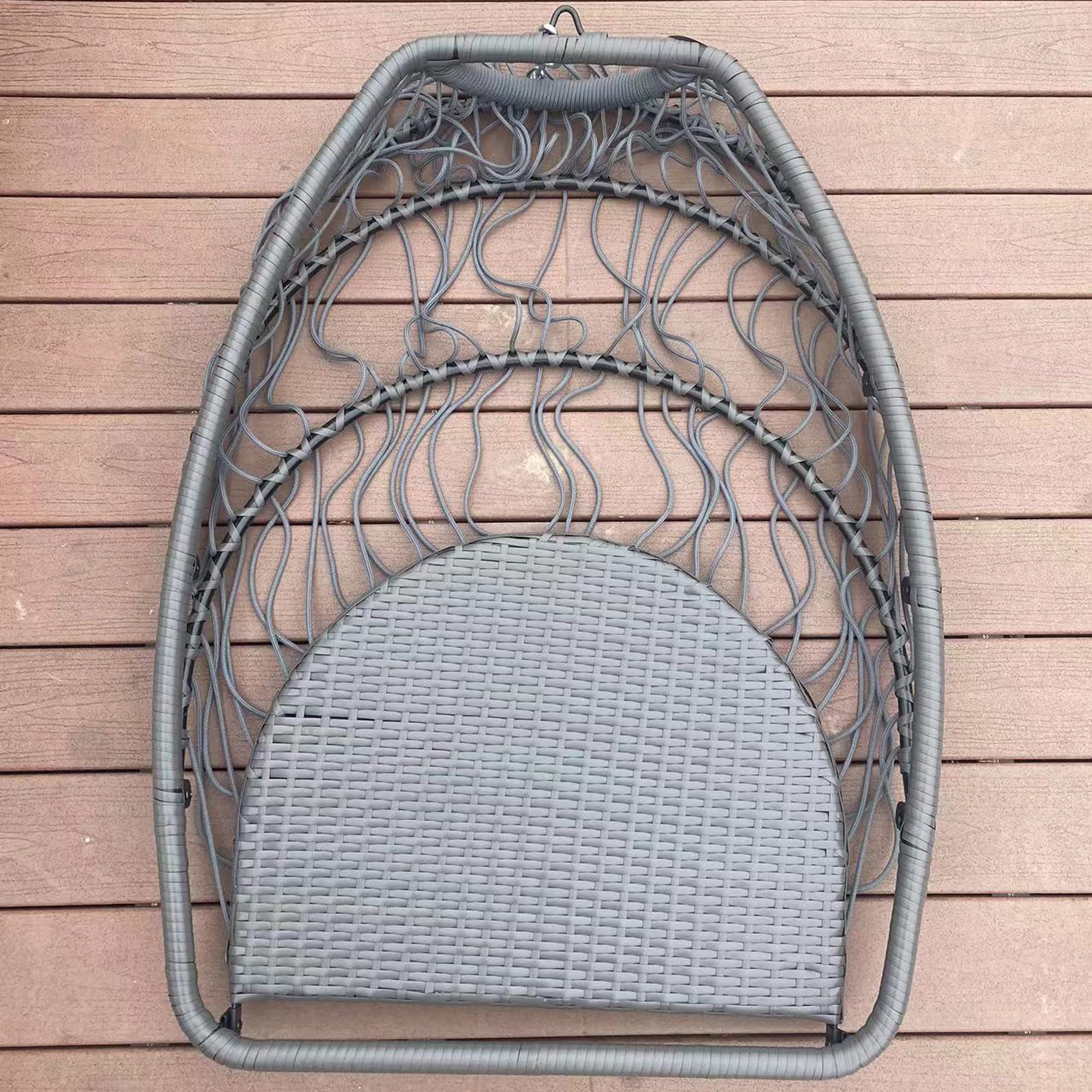 Outdoor Patio Wicker Folding Hanging Chair - Rattan Swing Hammock Egg Chair with C-Type Bracket, Cushion & Pillow - Grey Fabric & Black Wicker - Perfect for Backyard, Garden, Balcony Relaxation