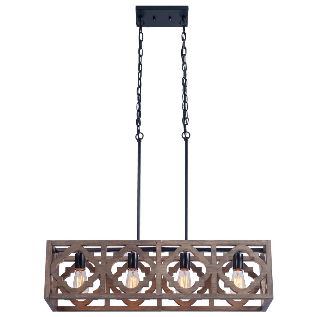 Farmhouse Rectangle Wood Kitchen Island Pendant Light - 4-Light Industrial Linear Chandelier for Dining Room, Living Room & Foyer - Rustic Lighting Fixture for Modern Farmhouse, Restaurant & Coffee Shop Decor