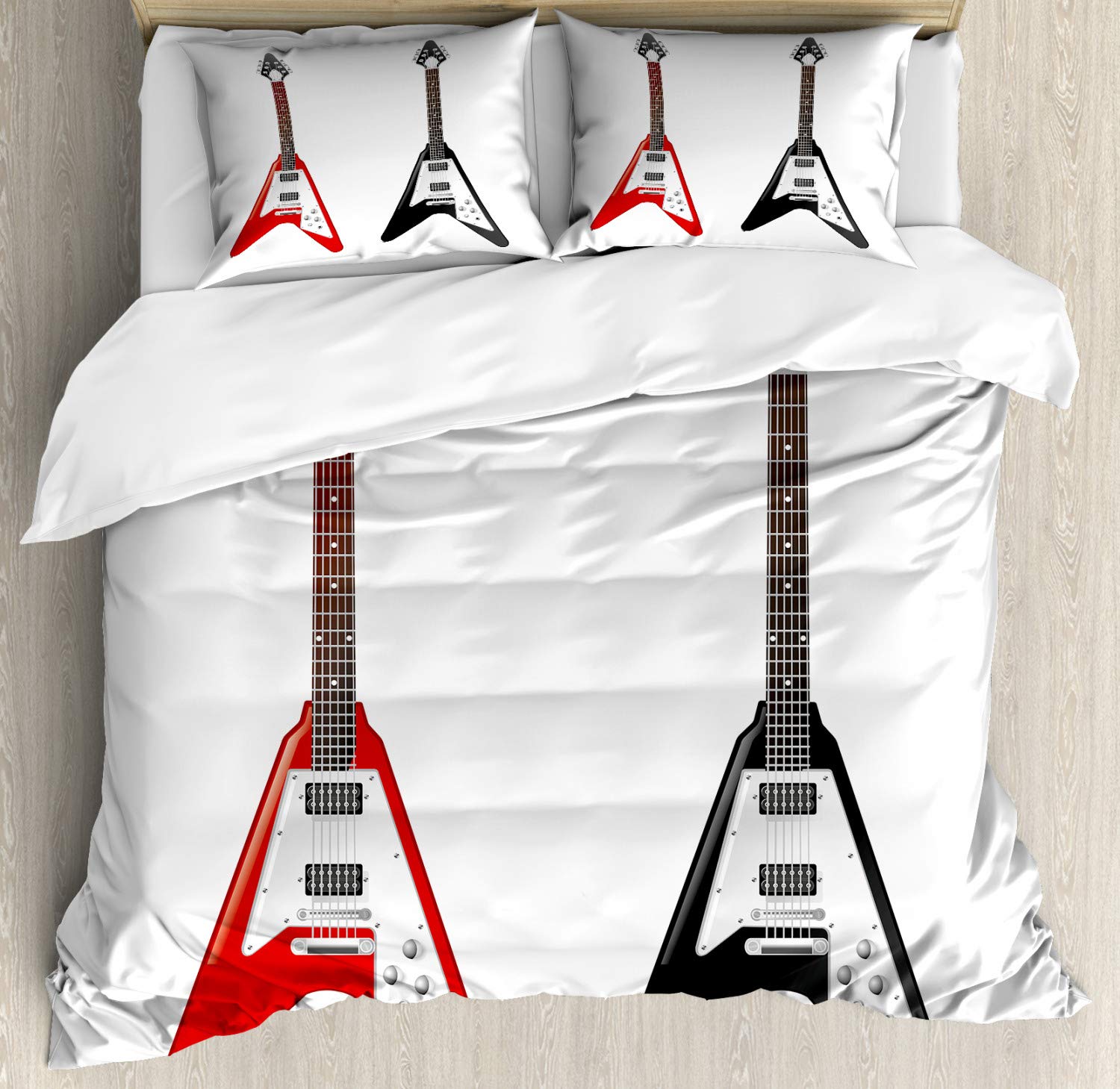 Ambesonne Guitar Duvet Cover Set 3-Piece - Rock Music Instrument V-Shaped Design Bedding with 2 Pillow Shams - California King Size Multicolor - Perfect for Music Lovers' Bedroom Decor & Rock Theme Room Ideas