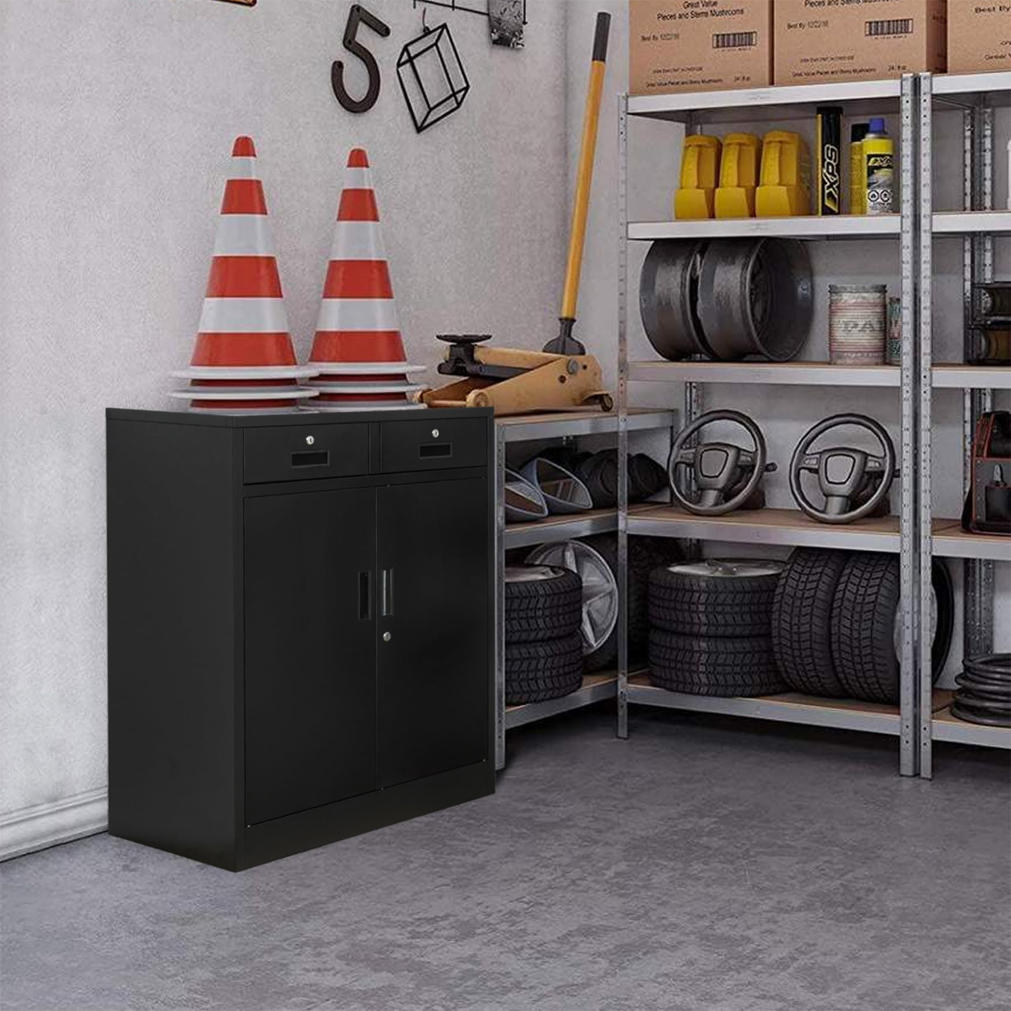 Lockable 2-Drawer Steel Storage Cabinet with Doors & Shelves - 37