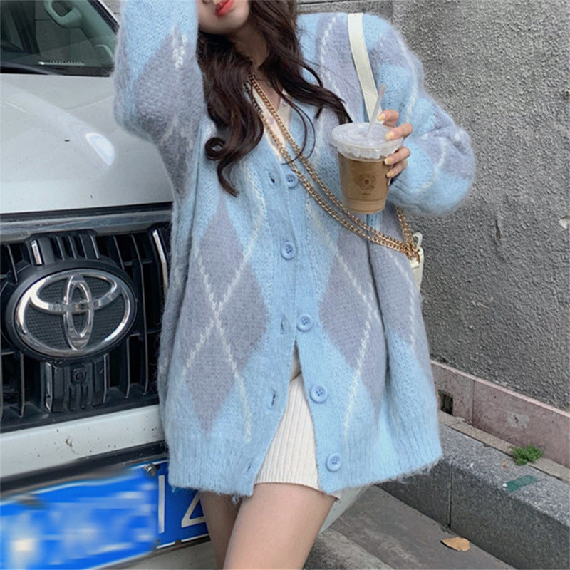 Elegant Diamond V-Neck Sweater Jacket for Women - Loose Fit Long Sleeve Knit Cardigan for Spring & Fall | Perfect for Office Wear, Casual Outings and Layering