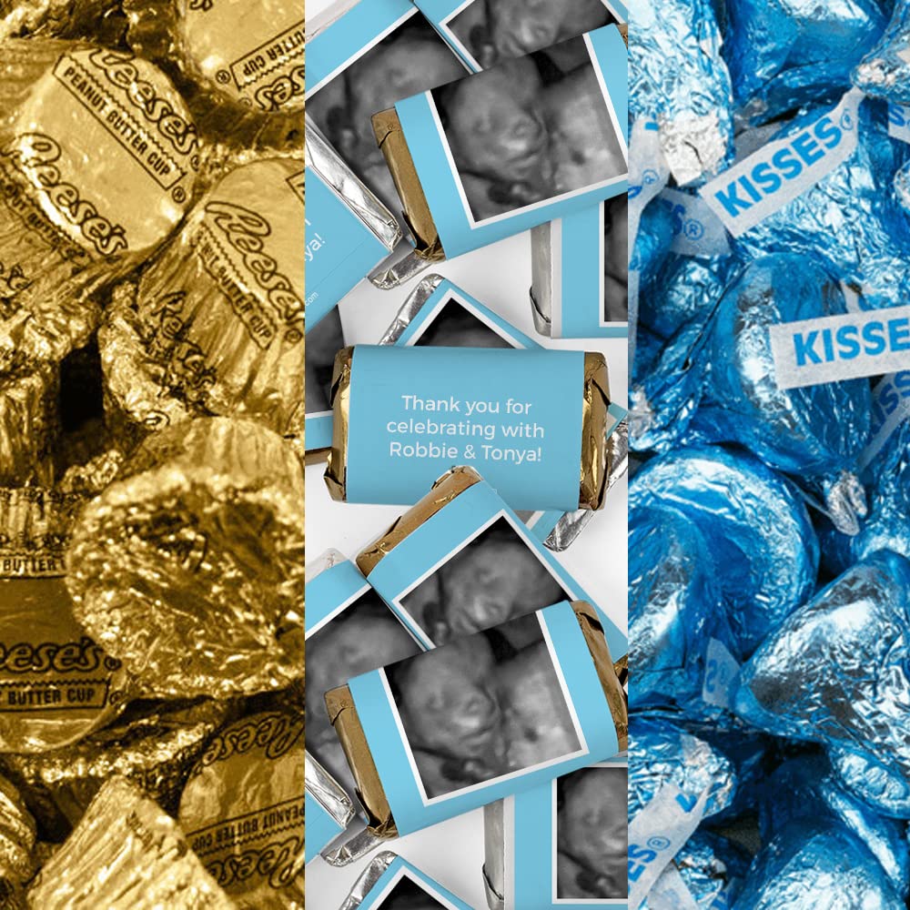 200pcs Personalized Blue Baby Shower Candy Kit with Custom Photo - Baby Boy Party Favors, Candy Buffet Supplies (Miniatures, Hershey Kisses, Peanut Butter Cups) - Perfect for Gender Reveal, Baby Shower Decorations and Guest Gifts