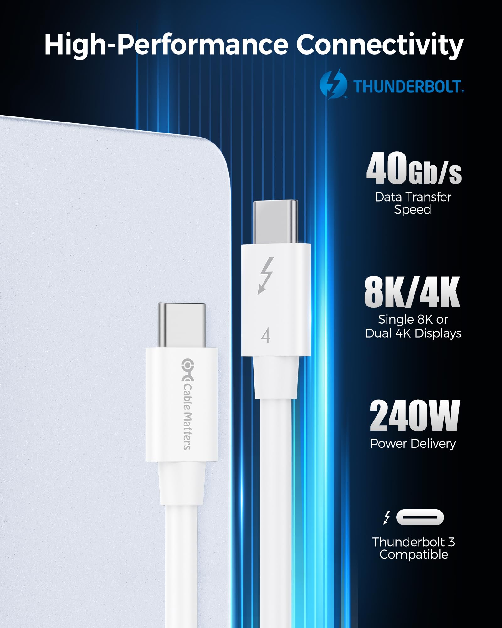 Intel Certified Thunderbolt 4 Cable 40Gbps - 3.3ft (1m) USB-C Cable with 8K Video & 240W Fast Charging | Compatible with USB4, Thunderbolt 3 | White | Perfect for MacBook Pro, Dell XPS & High-Speed Data Transfer