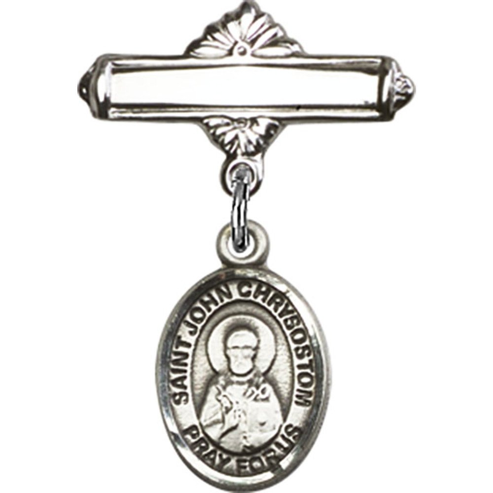 Sterling Silver Baby Badge with St. John Chrysostom Charm - 1 X 5/8 Inch Polished Pin - Perfect for Christening Gifts, Baby Blessings & Religious Ceremonies