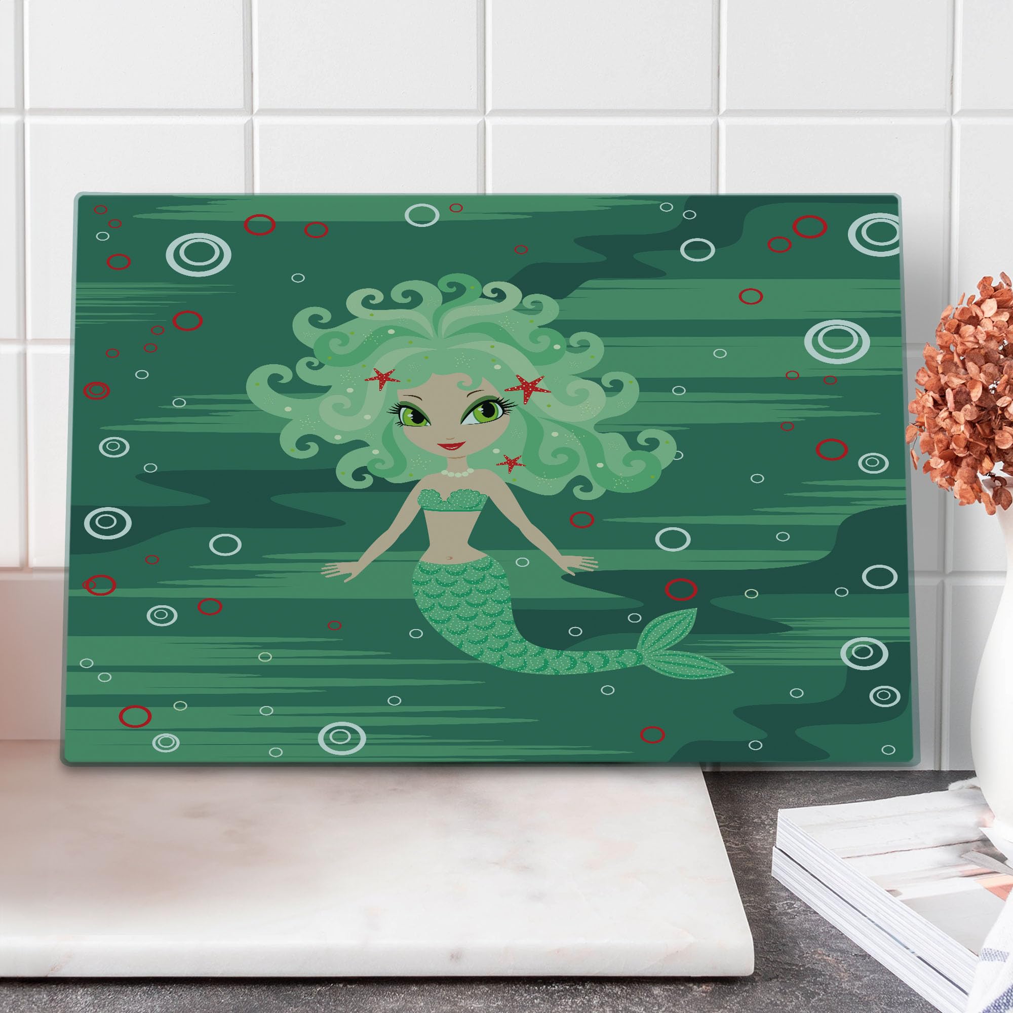 Ambesonne Underwater Themed Tempered Glass Cutting Board - Mermaid, Water Bubbles & Starfish Print - Large Green Decorative Serving Board for Kitchen, Party & Gift Giving