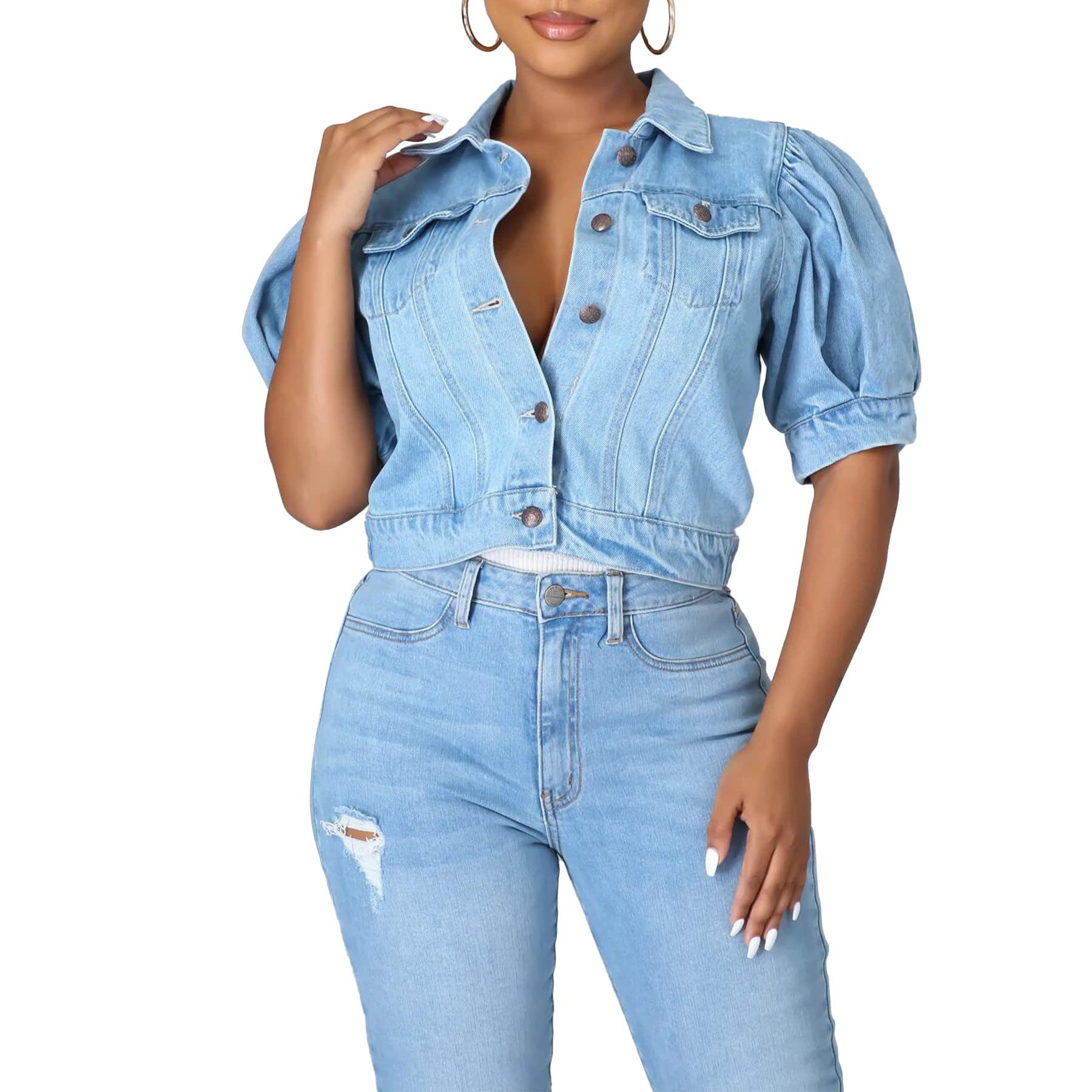 Ainangua Women's Cropped Denim Jacket - Short Sleeve Washed Jean Jacket for Summer | Casual Outfits, Beach Cover-Up & Street Style Fashion