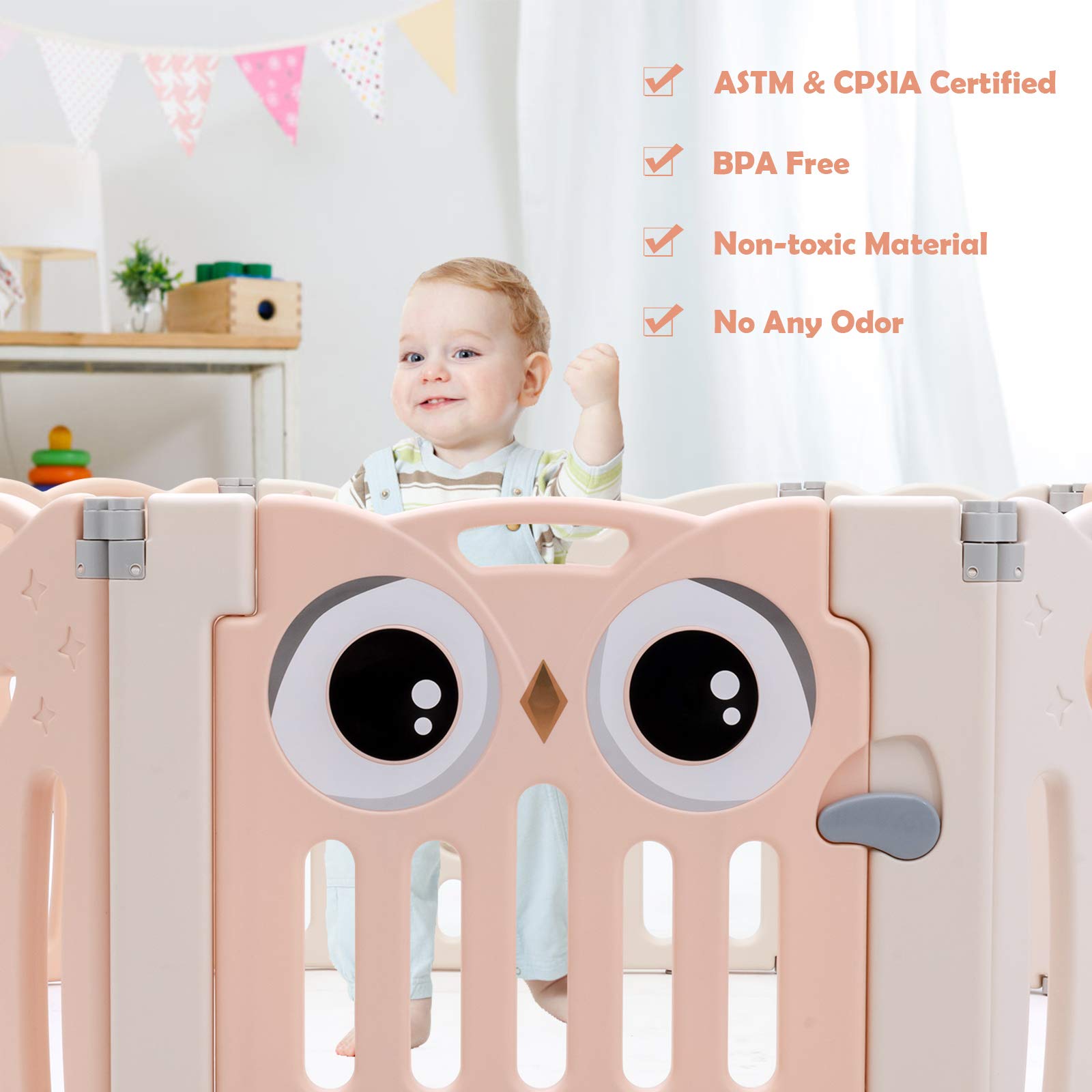 HONEY JOY 16-Panel Baby Playpen with Anti-Slip Base & Lockable Door - Owl Design Play Yard for Toddlers, Indoor Safety Play Area for Boys & Girls (Pink) - Perfect for Home, Nursery, Daycare & Playtime Safety
