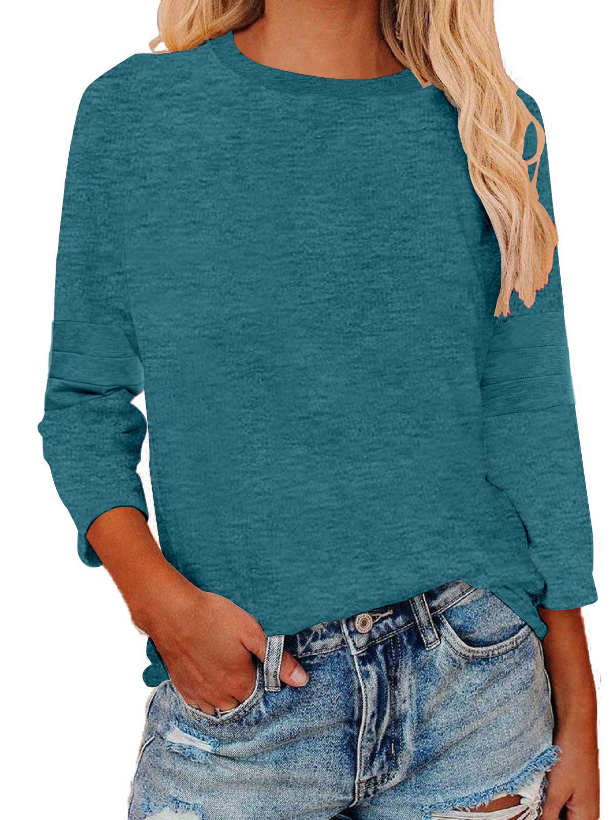 Women's 3/4 Sleeve Patchwork Blouse - Fashion Crewneck Solid Color Casual T-Shirt | Comfortable Everyday Wear for Work, Dating & Weekend Outings