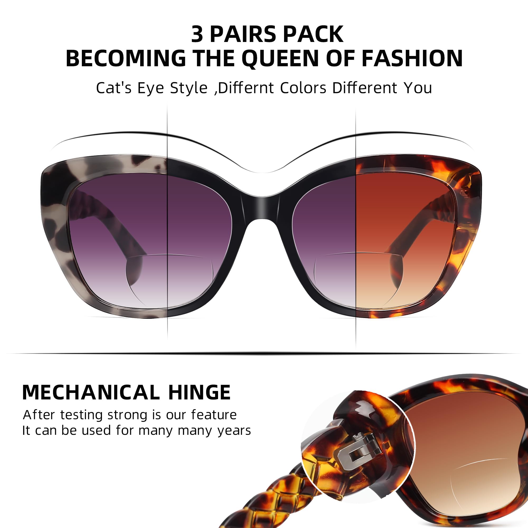 LADEESSE 3 Pack Bifocal Sunglasses for Women - UV400 Protection Reading Sunglasses with +2.0 Magnification | Stylish Prescription Eyewear for Outdoor Activities, Driving & Reading