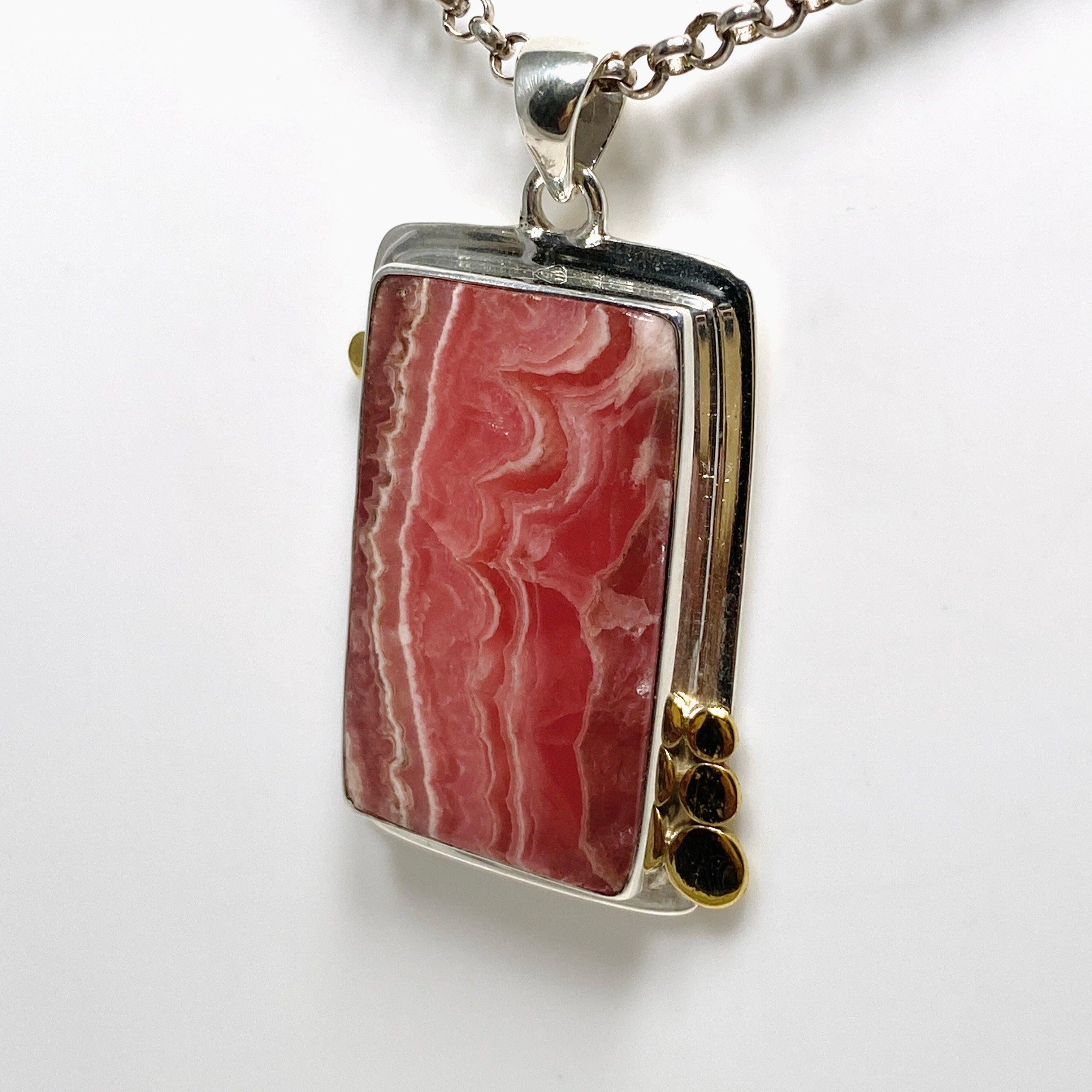 Rhodochrosite Rectangular Pendant with Brass Accents KPGJ4324 - Elegant Gemstone Jewelry for Women, Gift for Her, Perfect for Valentine's Day & Anniversary