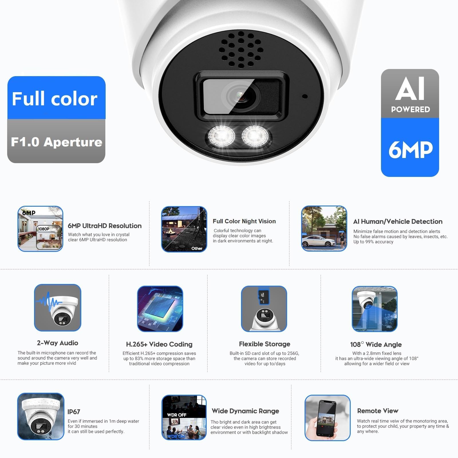 VIKYLIN 6MP Full Color PoE IP Security Camera with F1.0 Aperture, Two-Way Audio, AI Human/Vehicle Detection - Compatible with Hikvision, Outdoor Weatherproof (IP67), WDR, 256GB SD Card Slot - Ideal for Home Security, Business Surveillance & Night Monitoring