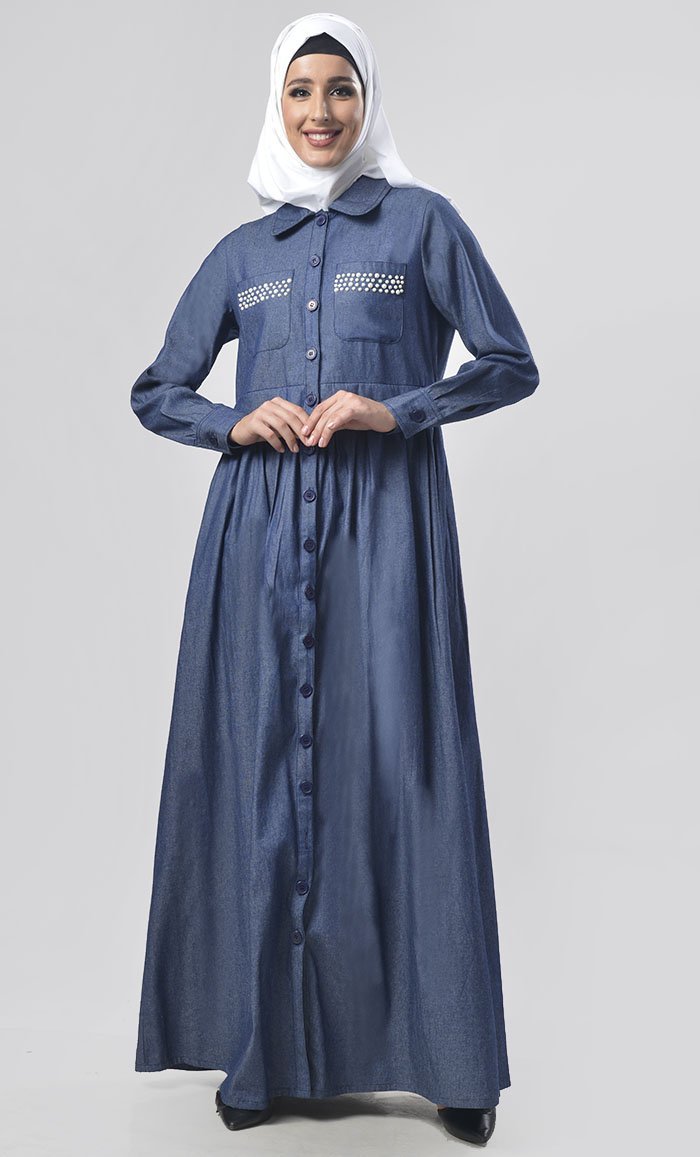 Modest Denim Jilbab with Elegant Gathers Detailing - Perfect for Prayer, Mosque Visits & Everyday Modest Fashion
