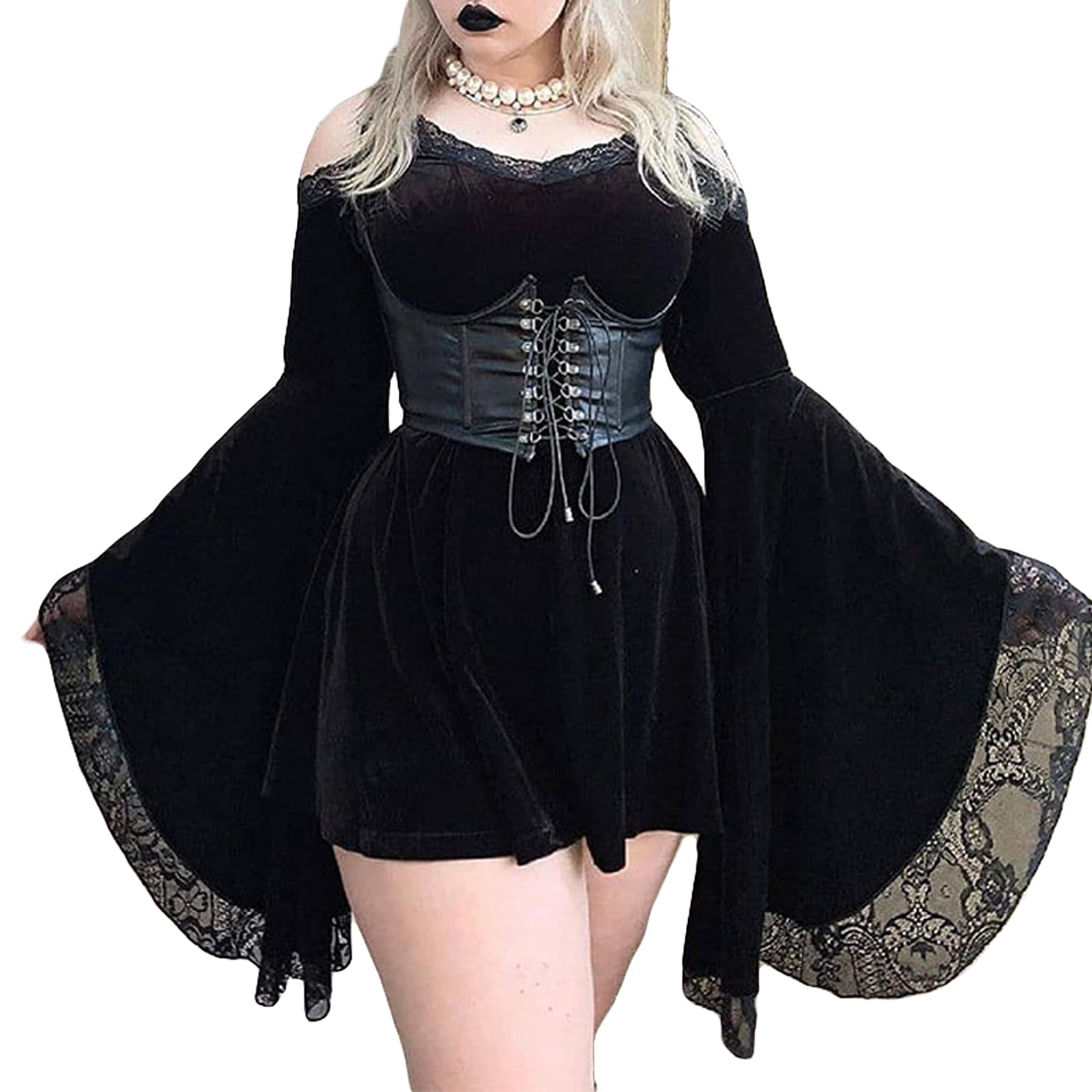 Gothic Punk Short Dress for Women - Elegant Vintage Lolita Style Black Mini Dress with Lace Trim | A-Line Silhouette | Perfect for Cosplay, Halloween, Goth Parties and Nightclubs