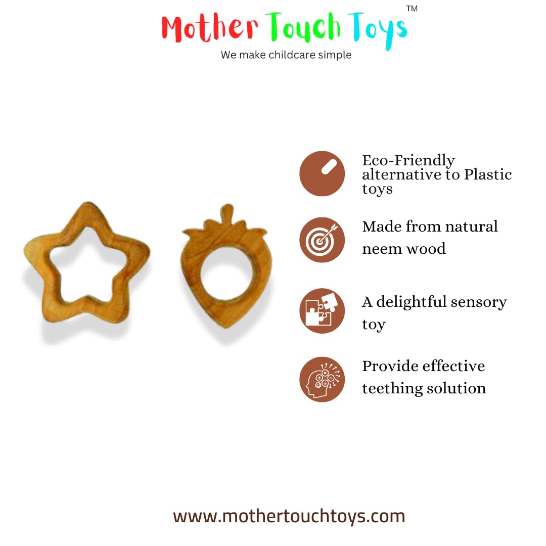 Organic Neem Wood Teething Rings for Babies 6-12 Months | BPA-Free Star & Pear Shaped Teether Toy | Natural Wooden Chew Toy for Infants & Toddlers | Safe Chemical-Free Baby Teether for Soothing Sore Gums - Perfect for Home, Travel & Daycare Use