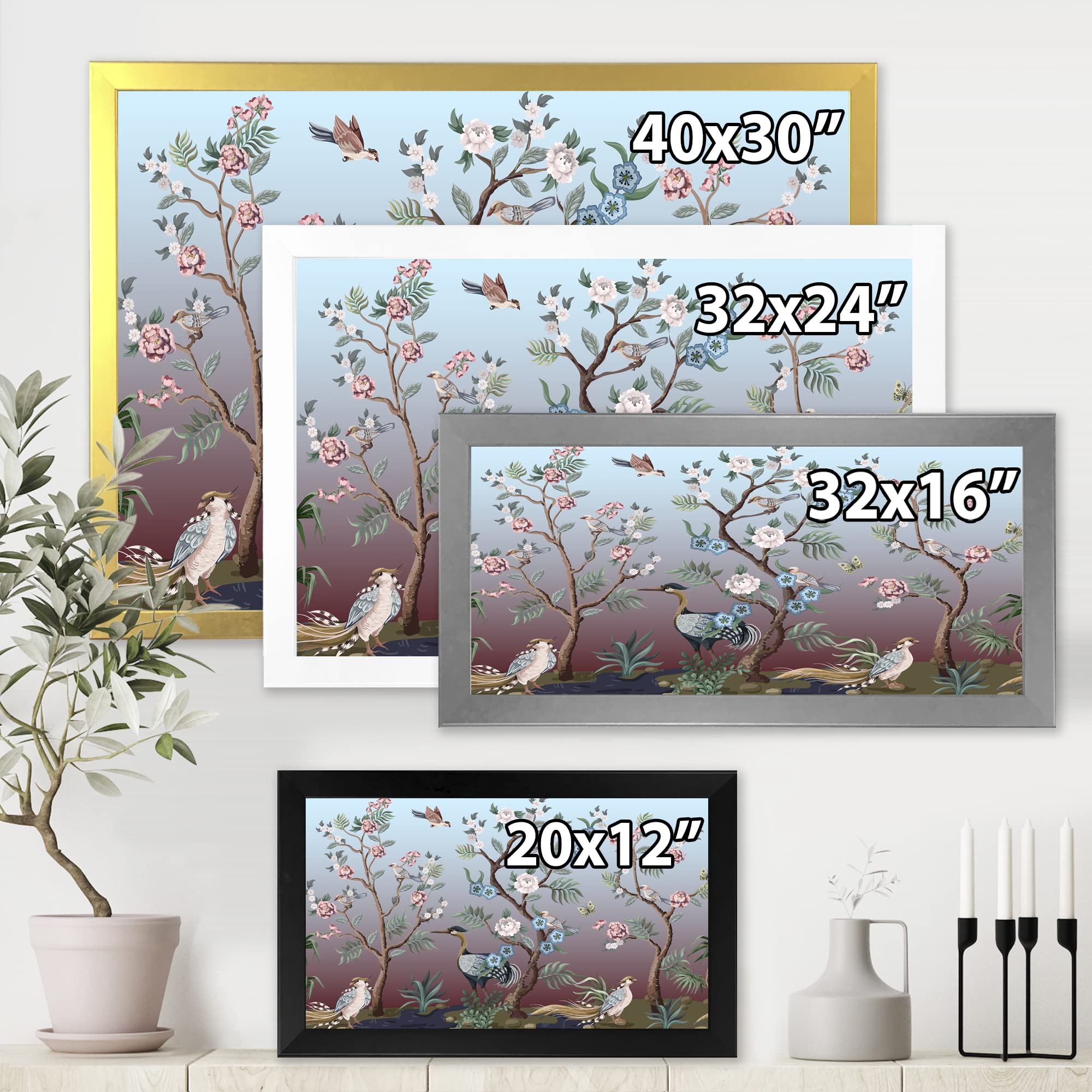 Chinoiserie Framed Wall Art with Birds & Peonies - Traditional Chinese XI Style Home Decor for Living Room, Bedroom & Office