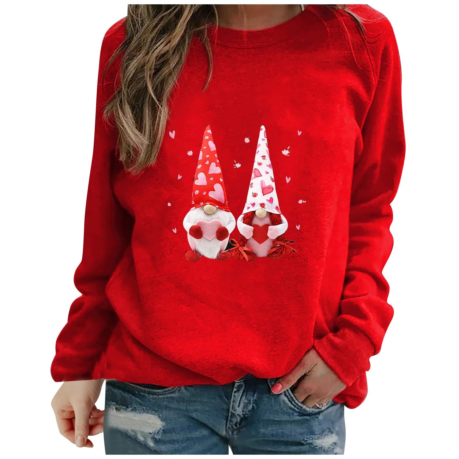 Women's Casual Valentine's Day Heart Print Round Neck Sweatshirt - Black Tunic Blouse for Women | Perfect for Date Nights, Gift Giving & Casual Wear