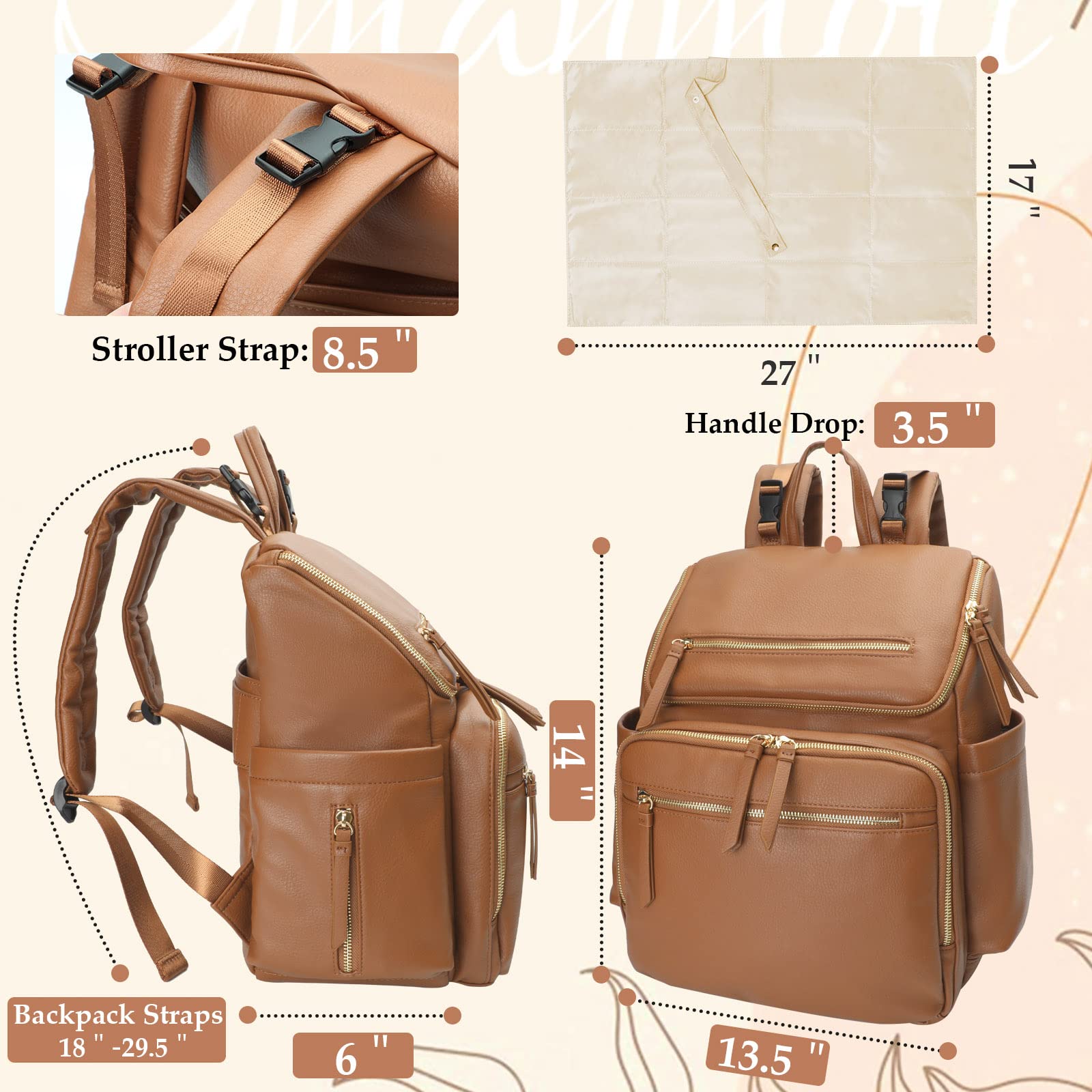 Premium Leather Diaper Bag Backpack for Moms - 17 Organizing Pouches, Changing Pad & Stroller Straps | 4 Insulated Pockets | Stylish Brown Baby Bag for Travel, Daycare & On-the-Go Parenting