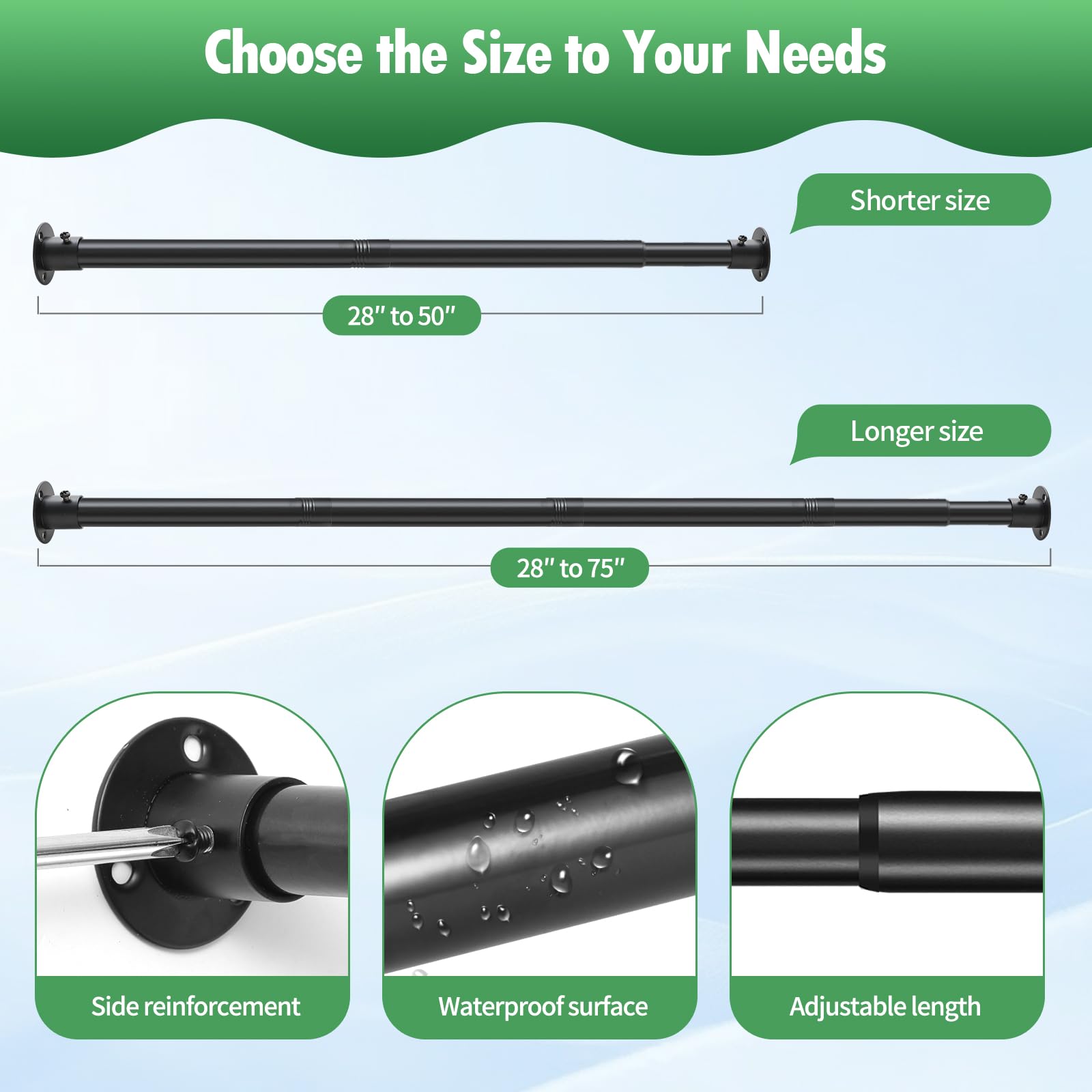 Creatyi Heavy Duty Screw-in Shower Curtain Rod - Adjustable 28 to 50 Inches, Wall Mounted Bathroom Rod for Shower, Bathtub, and Closet Organization (Black, 1 Piece)