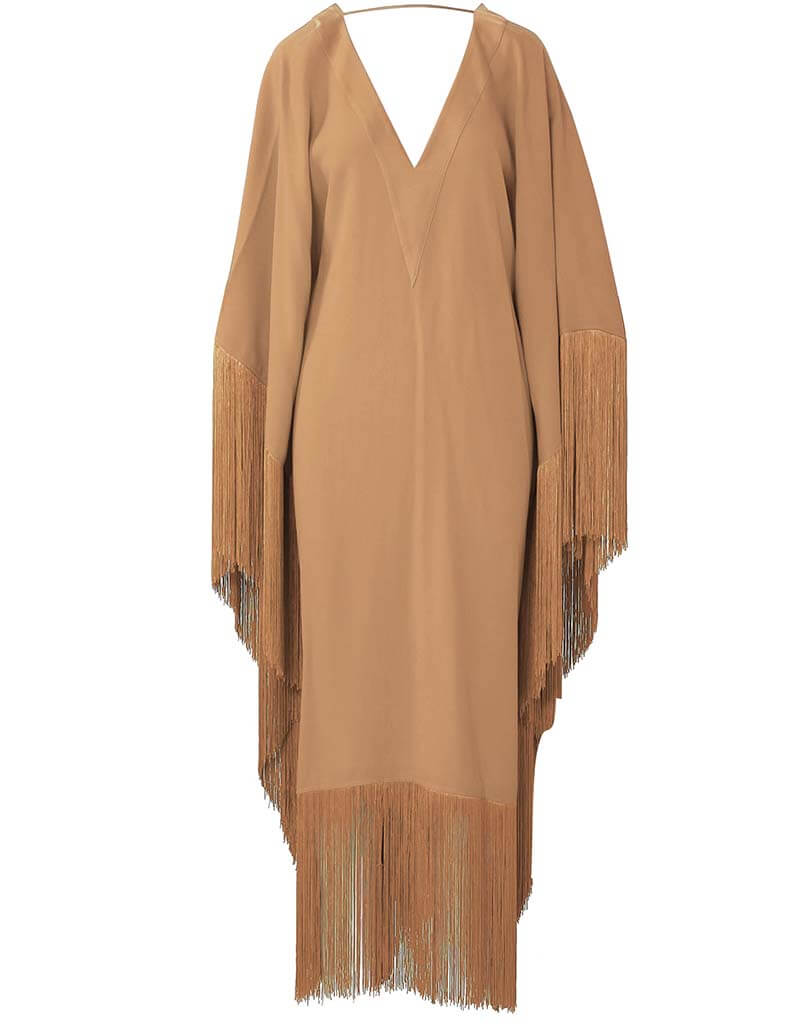 Elegant Beige V-Neck Fringed Kaftan Dress for Women | Boho Chic Summer Beach Cover Up | Perfect for Vacations, Pool Parties & Resort Wear