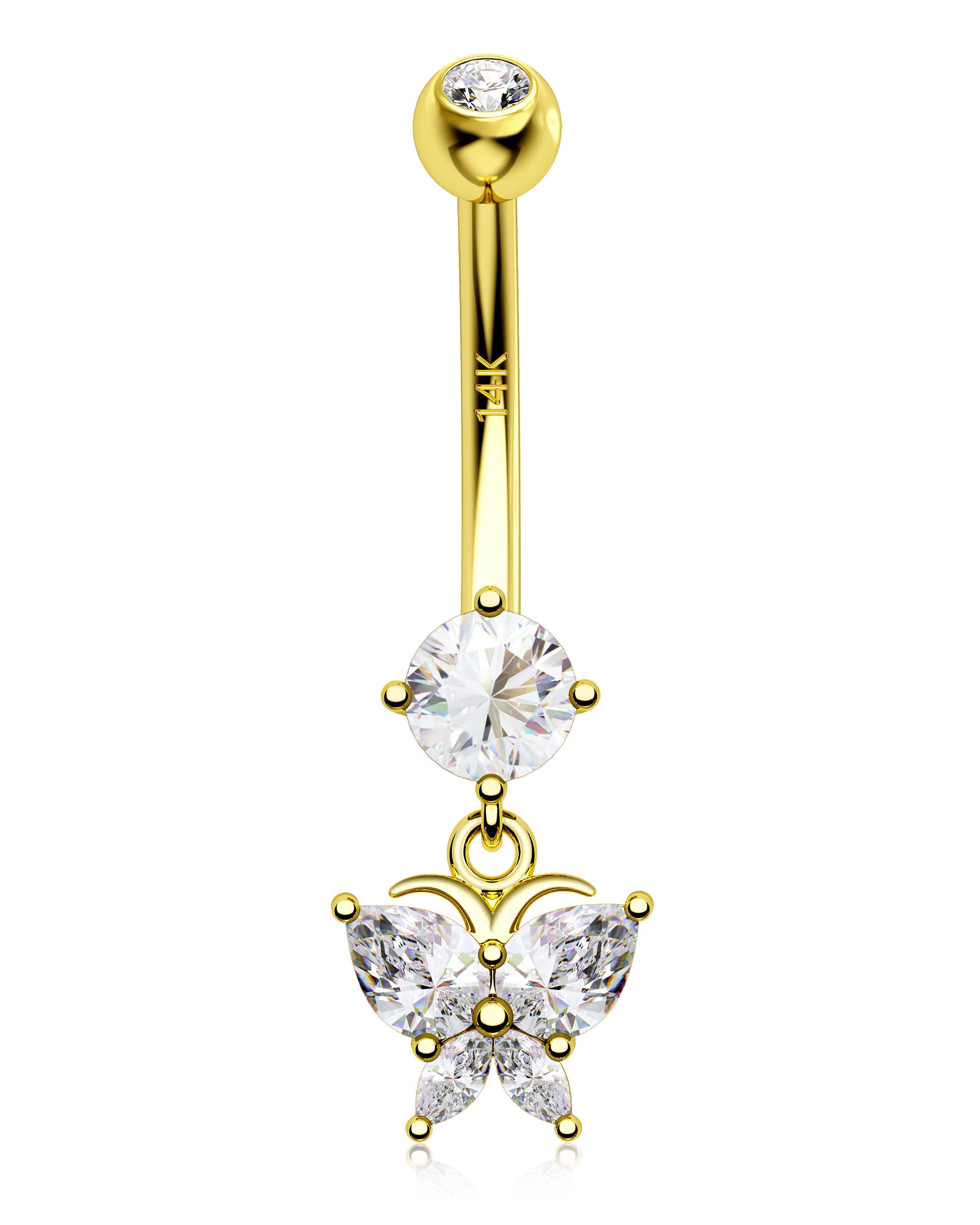 14K Solid Gold Butterfly Belly Button Rings for Women - Dangle Navel Piercing Jewelry with Clear CZ Stones - Elegant Body Jewelry for Parties, Beach & Everyday Wear